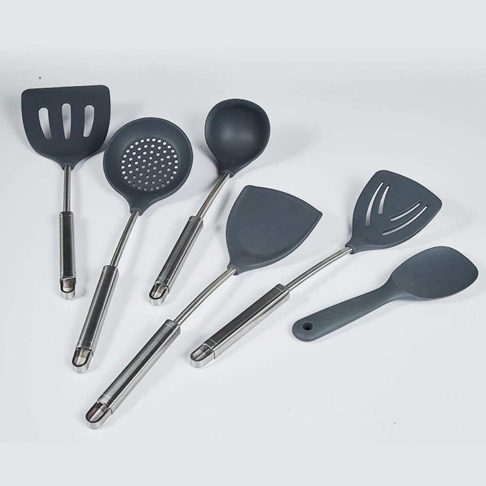 Non-Stick Silicone Spatula Set - 6 Piece Kitchen Utensils with Soup Spoon, Cooking Shovel, Colander & Rice Spoon | Dishwasher Safe & Heat Resistant for Baking, Cooking & Serving