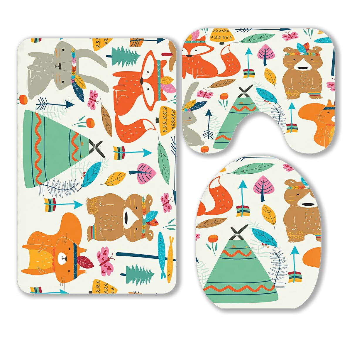 Cute Woodland Tribal Animal 3-Piece Bathroom Rug Set - Cartoon Style Bath Mat, Contour Mat & Toilet Lid Cover - Soft Non-Slip Rugs for Kids & Nursery Decor