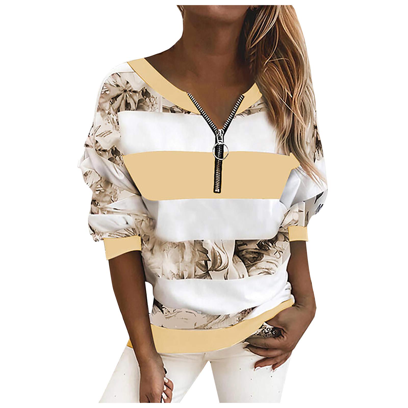 Wocachi Women's Striped Blouse - Plus Size Patchwork Zipper Top for Casual Wear