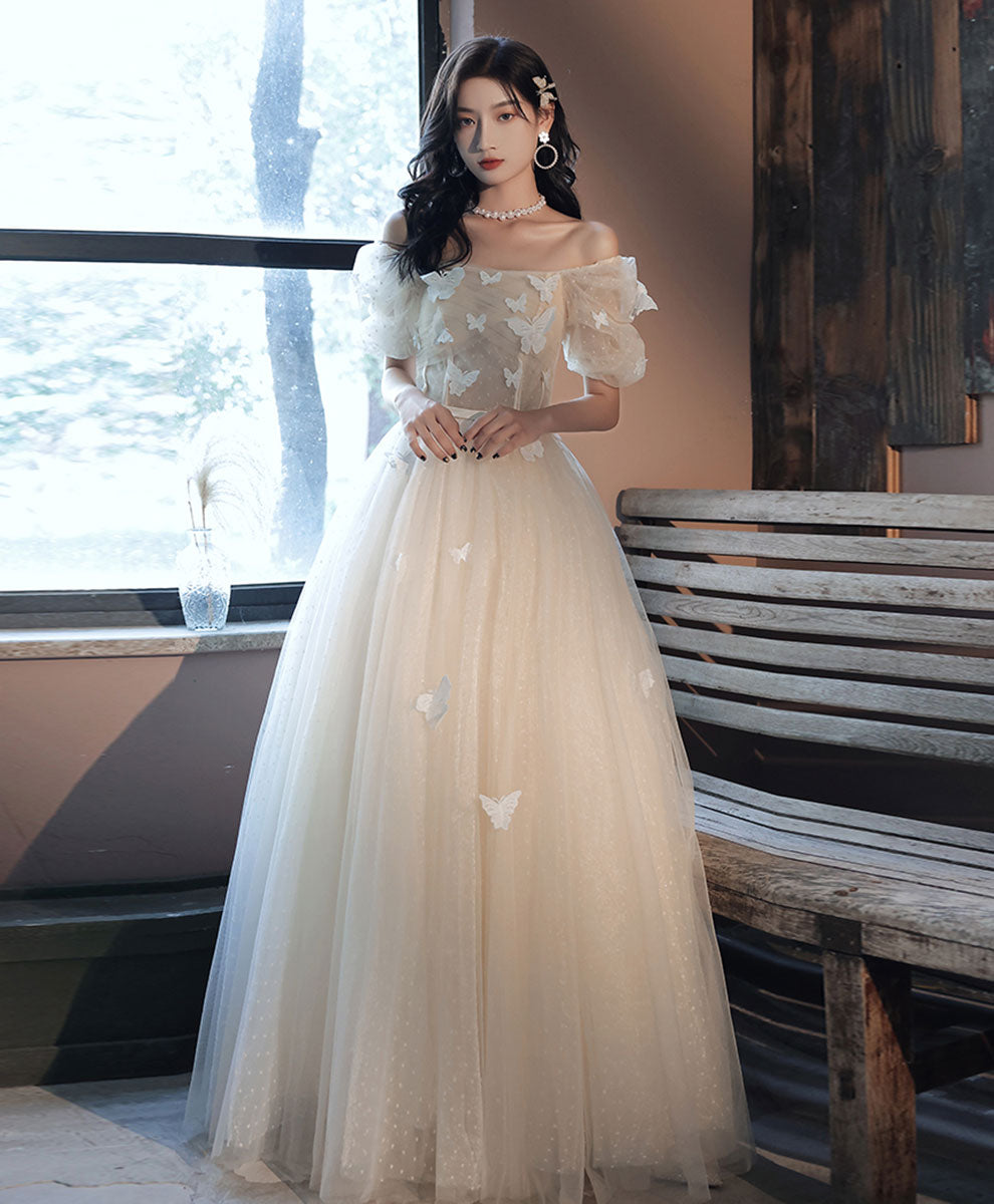 Elegant Light Champagne Tulle Long Prom Dress & Evening Gown for Formal Events, Weddings, and Special Occasions