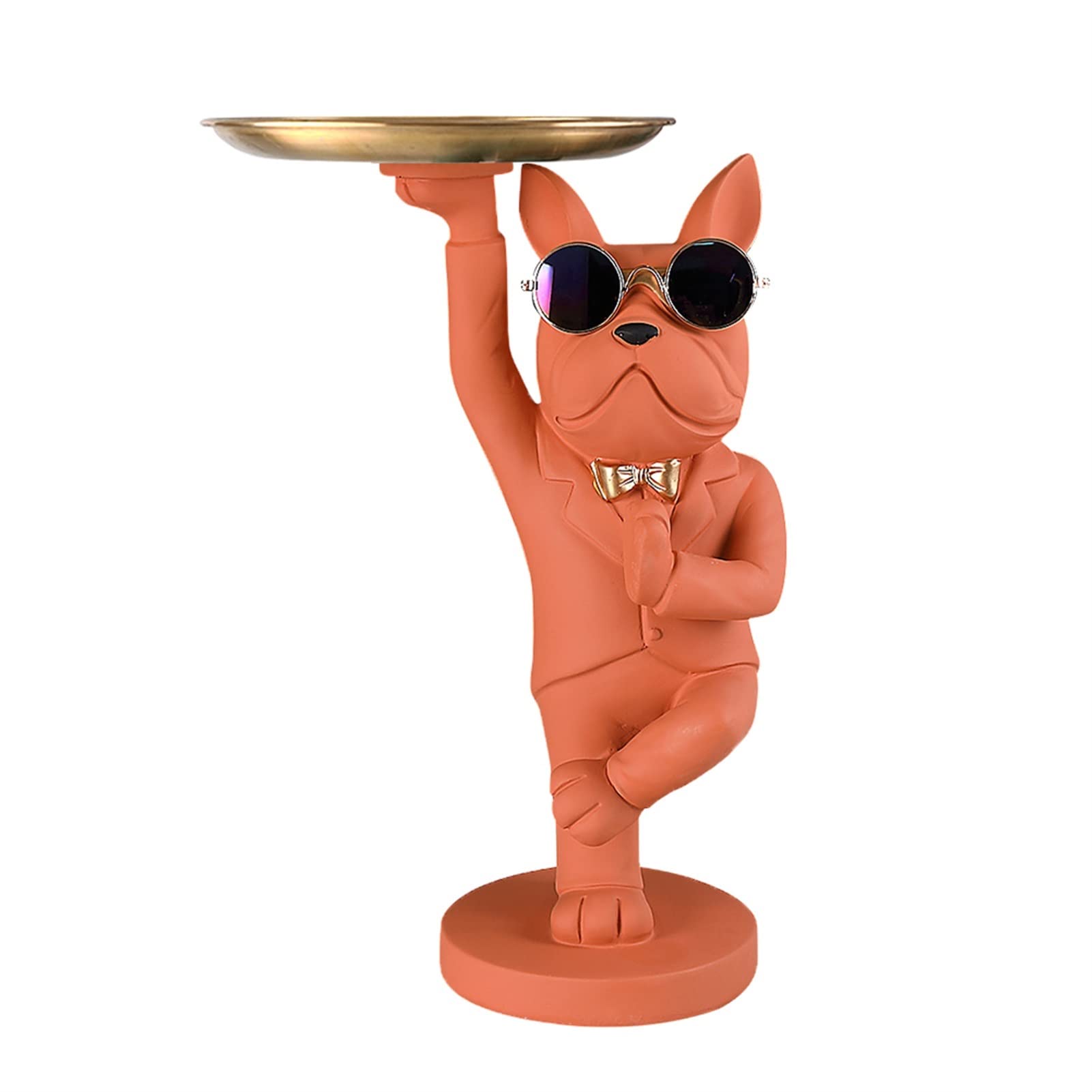 Modern Resin Bulldog Sculpture Statue - Key Storage Holder & Glass Tray - Orange Home Decor Art Gift for Living Room, Office, or Entryway