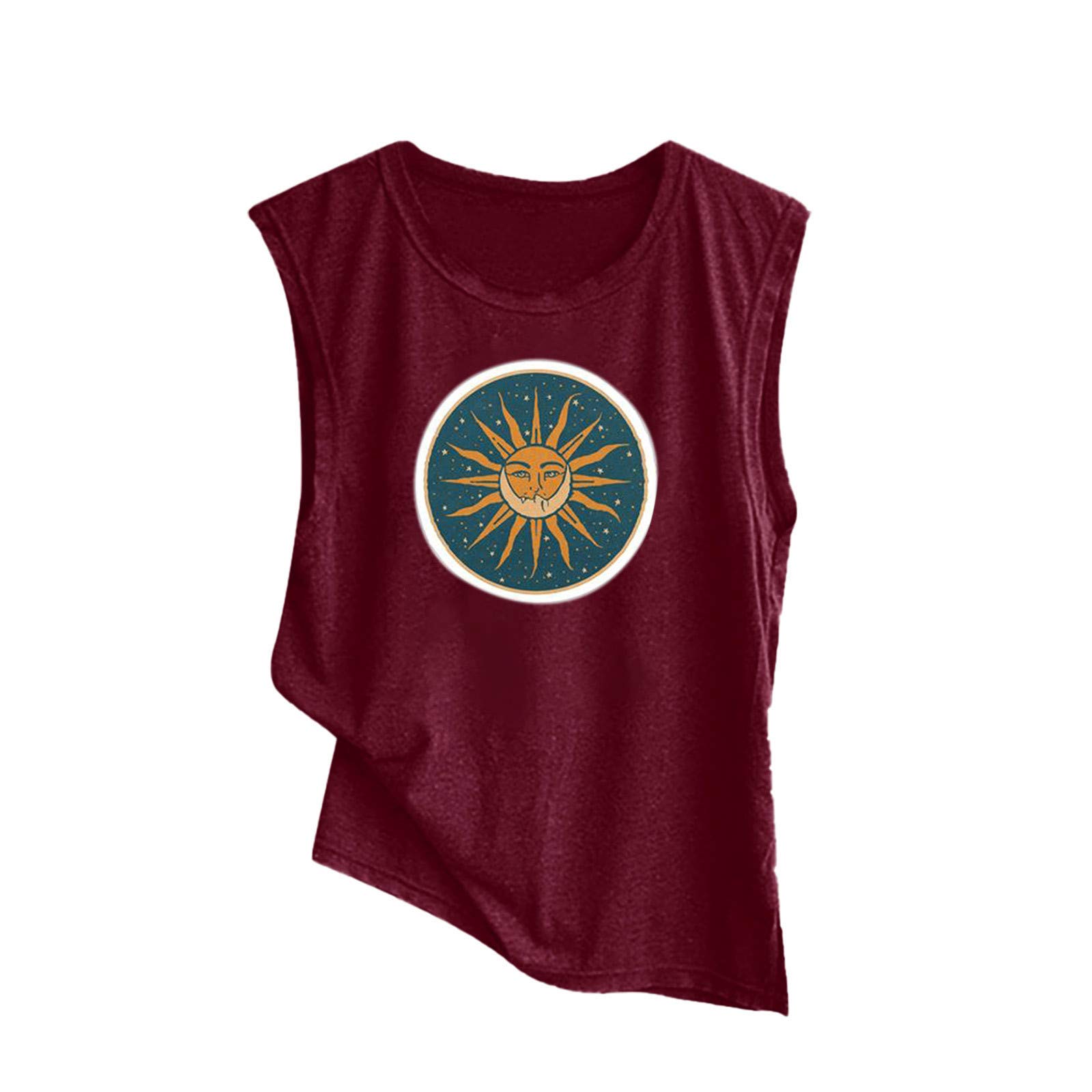 Women's Summer Fashion Tank Tops - O-Neck Sleeveless Casual Loose Vest with Sun Print | Perfect for Beach Outings, Yoga & Everyday Wear