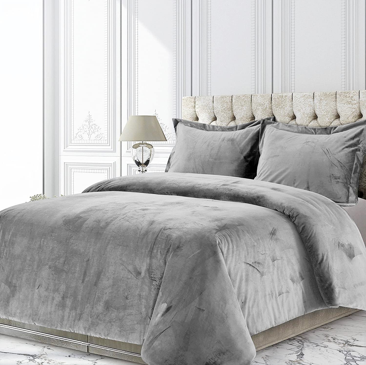 Luxury Velvet Comforter Set King Size - 3 Piece (Duvet + 2 Pillowcases) 400 GSM Crushed Silver Venice Velvet & Sherpa Quilt - Soft Bedding for Winter Warmth - Perfect for Master Bedroom, Guest Room & Cozy Nights