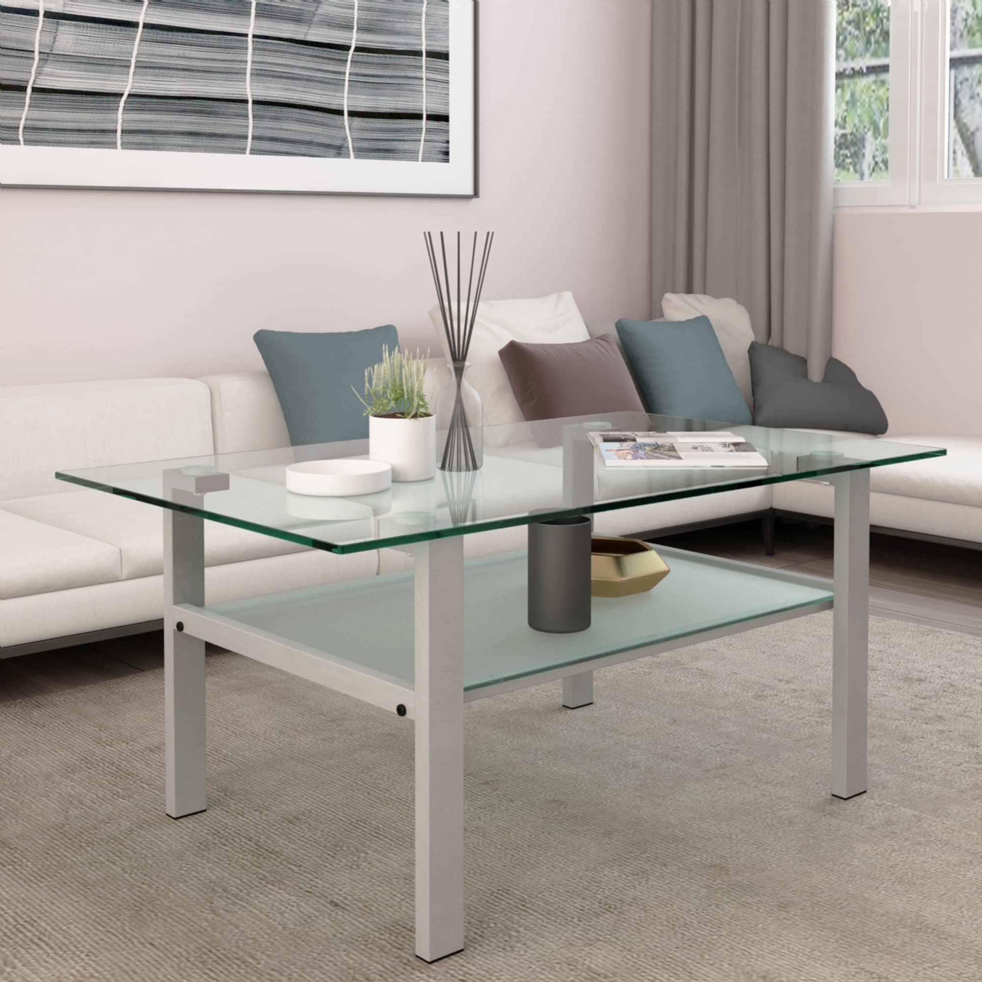 HomSof Modern Square Glass Coffee Table with Storage Shelf - Sturdy Metal Legs, Rectangle Design, Grey - Perfect for Living Room, Lounge & Small Spaces