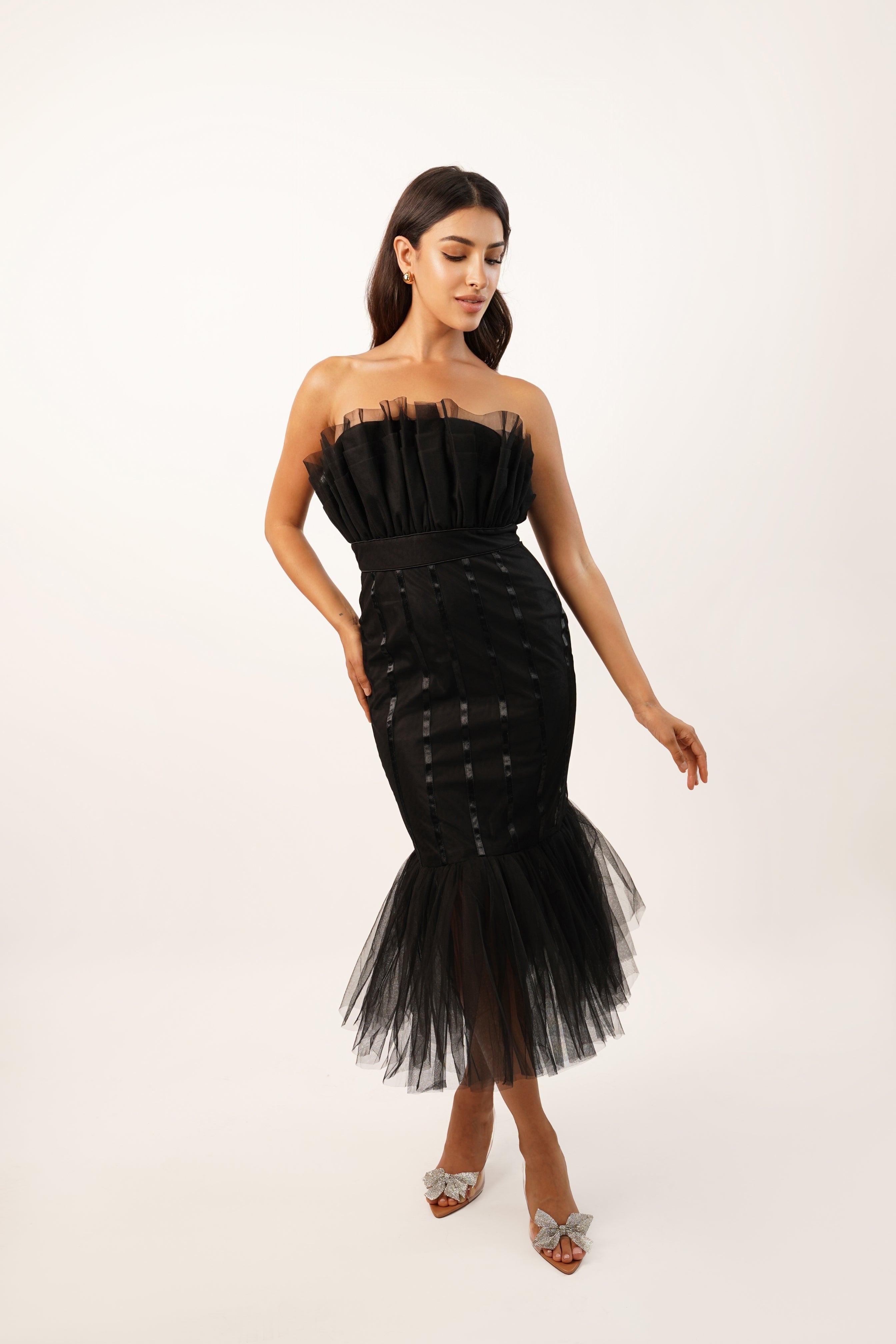 Elegant Nero Black Strapless Midi Dress for Women - Perfect for Cocktail Parties, Date Nights & Special Occasions