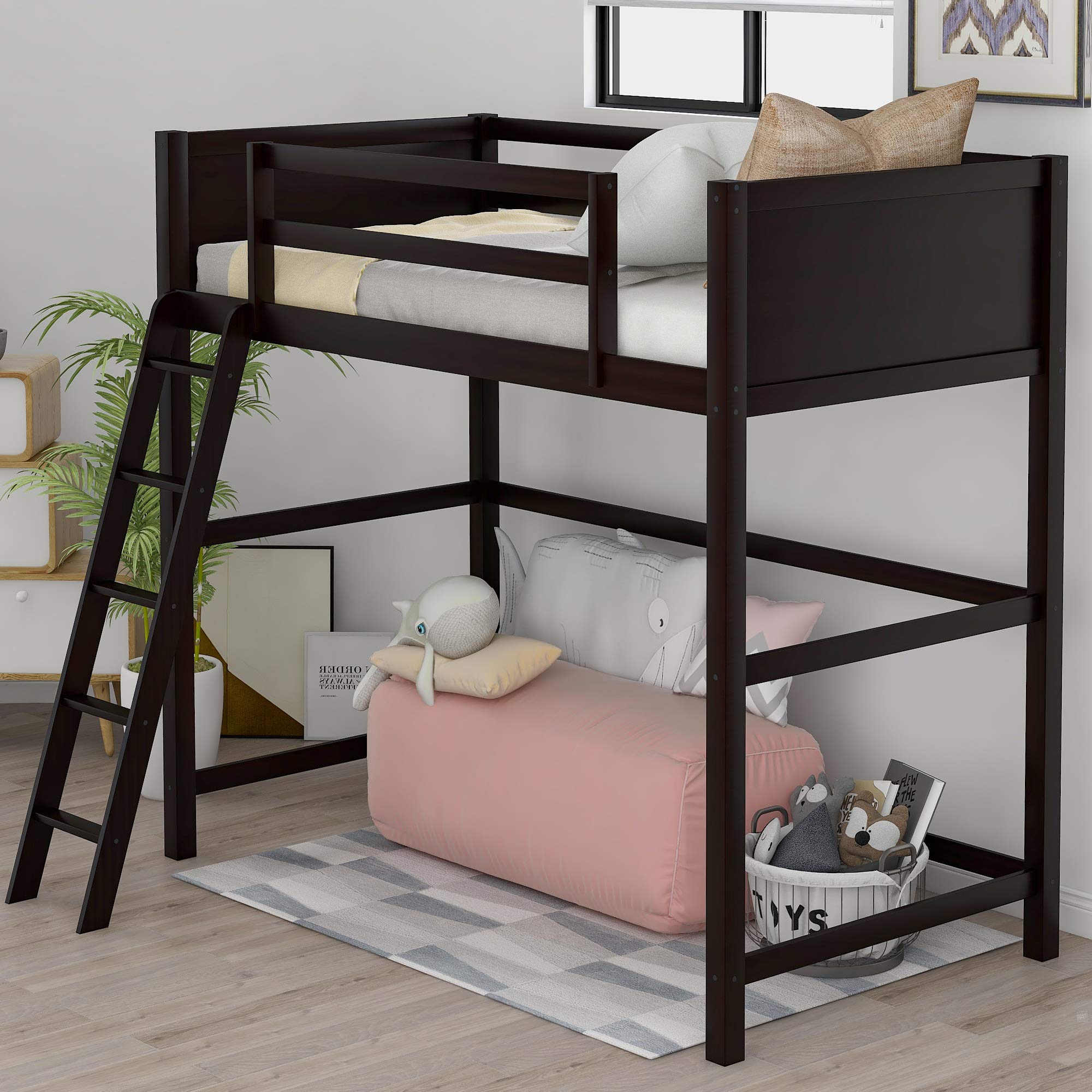 P PURLOVE Solid Wood Twin Size Loft Bed with Ladder for Kids & Teens - Espresso Finish | Space-Saving Bunk Bed for Small Rooms, Dormitories & Kids Bedrooms