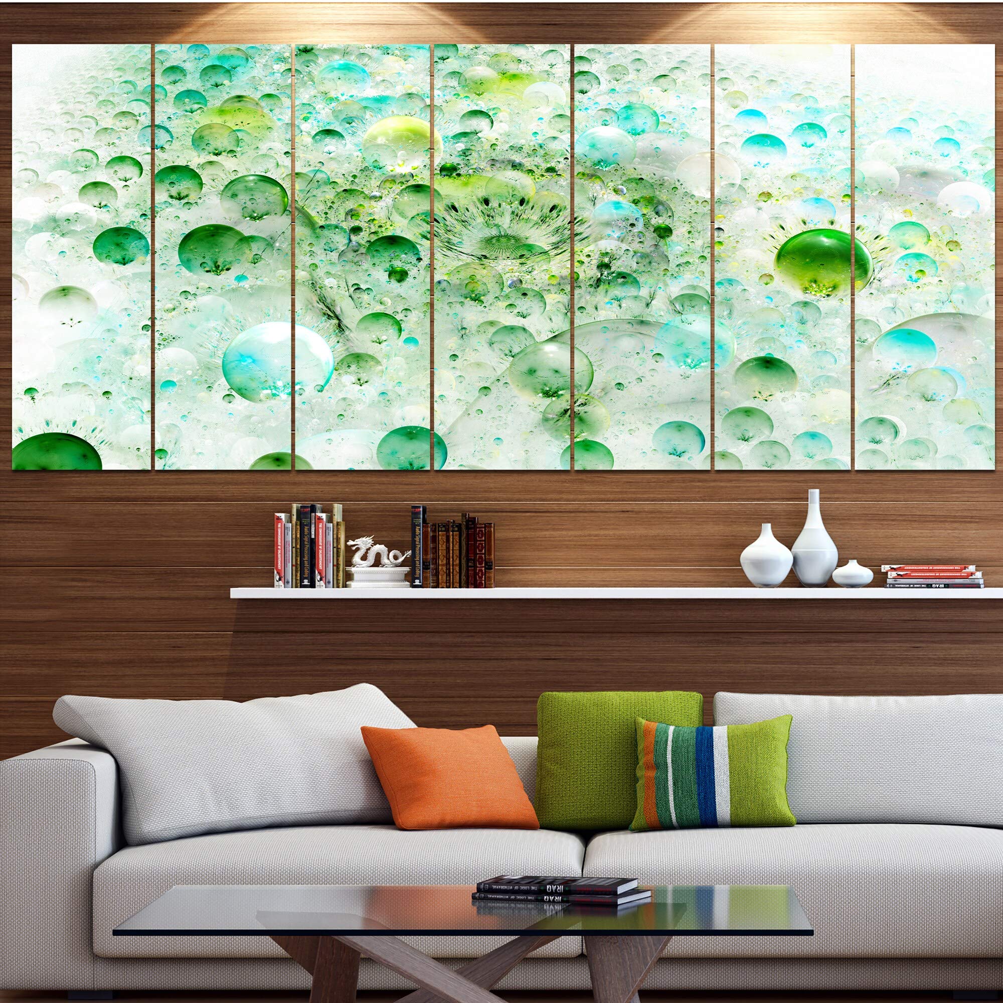Abstract Wall Art Canvas - Green Blue Fractal Molecules Design by DESIGN ART - 60x28 Inches (5 Panels) - Modern Home & Office Decor for Living Room, Bedroom or Workspace