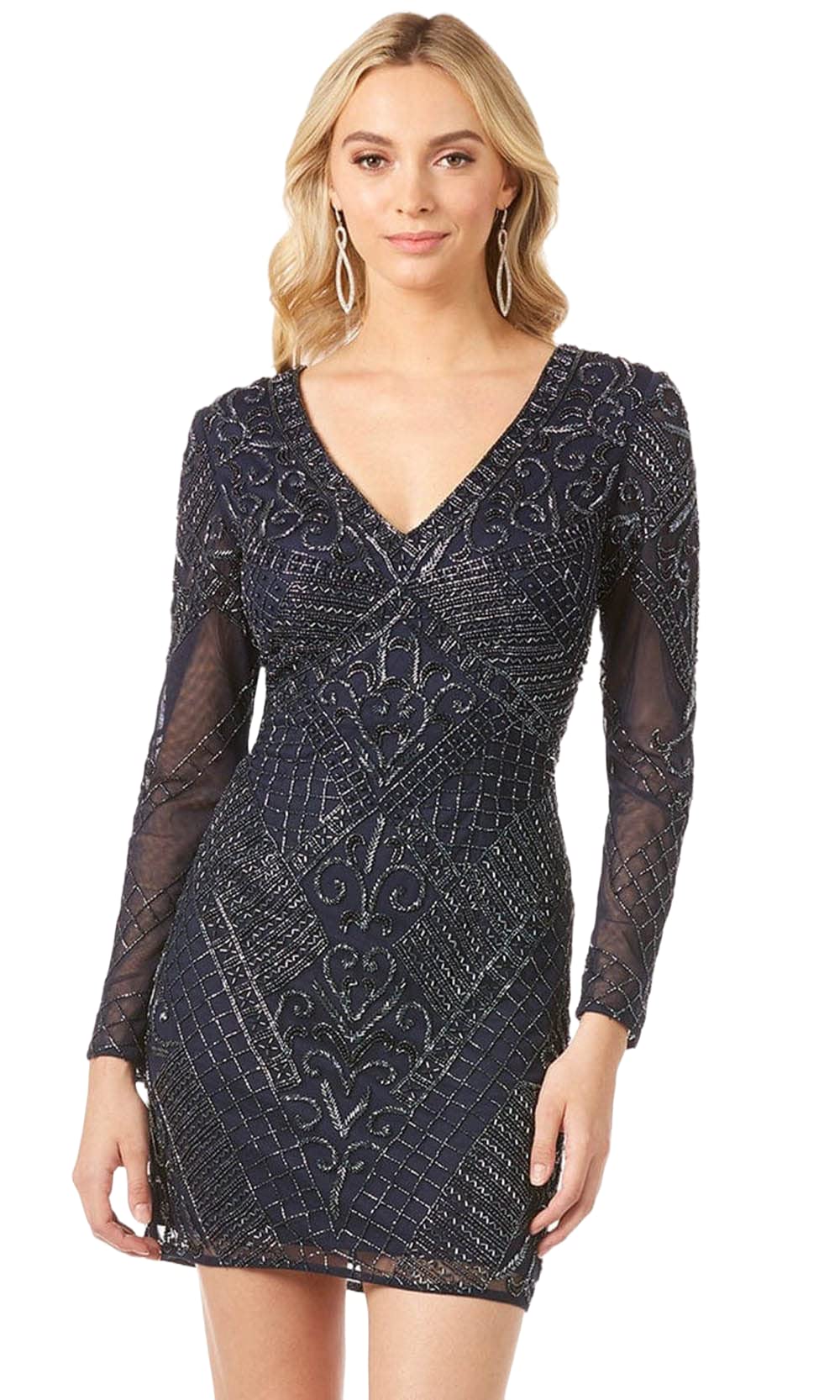 Lara Dresses 29344 Fully Embellished Long Sleeve Cocktail Dress - Navy Blue Formal Gown, Size 16 | Perfect for Evening Parties, Weddings & Special Occasions