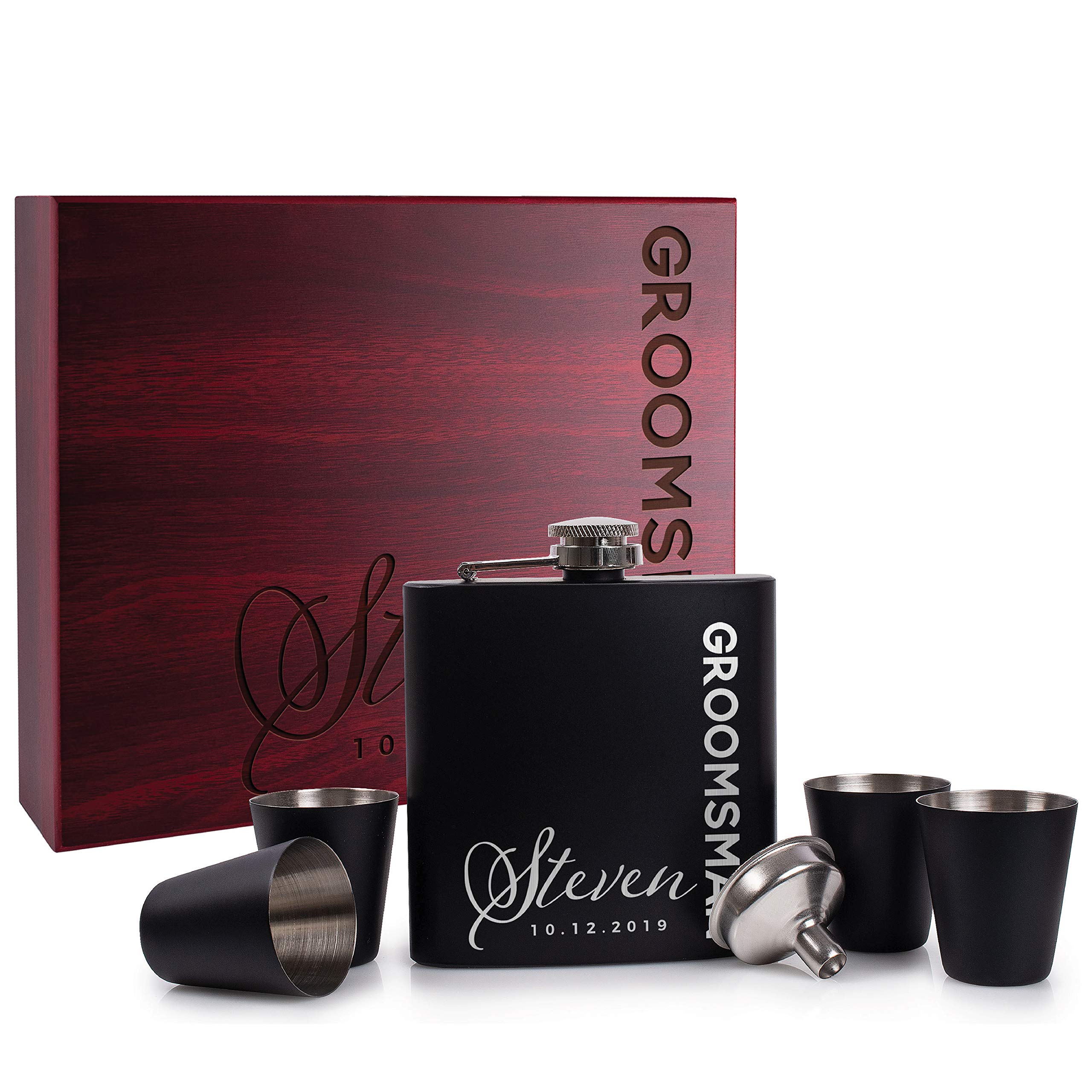 Custom Engraved Personalized Flask Set for Wedding Groomsmen Gifts - Laser Engraved Rosewood Flask with Free Personalization (6 oz, Set of 3) - Perfect for Bachelor Parties, Weddings & Anniversary Gifts
