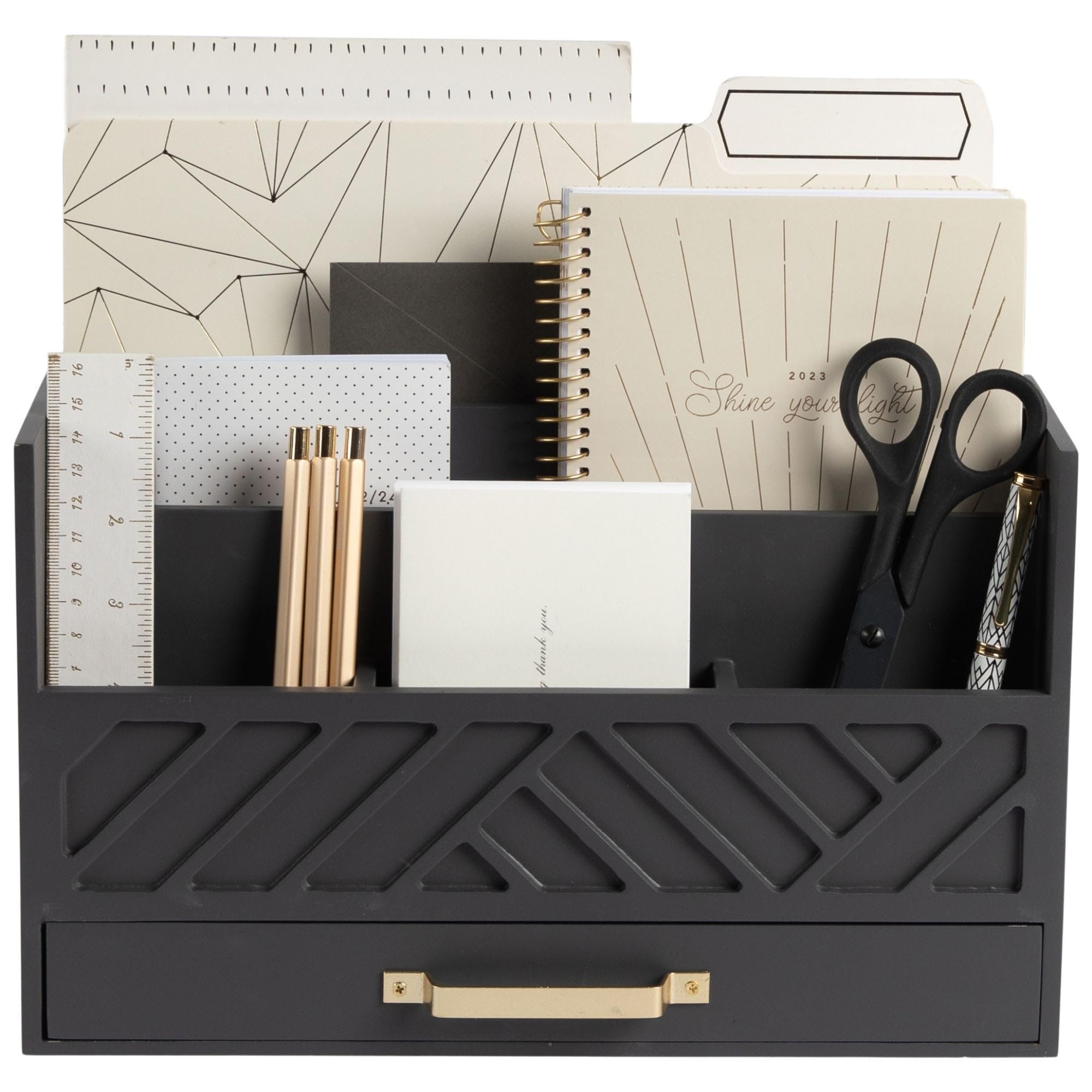 BLU MONACO Grey Wooden Desk Organizer with Drawer & Gold Handle - Office Desk Accessories for Home Office Organization - Desktop Mail & Supply Storage - Perfect for Work Desks, Study Tables & Home Office Setup