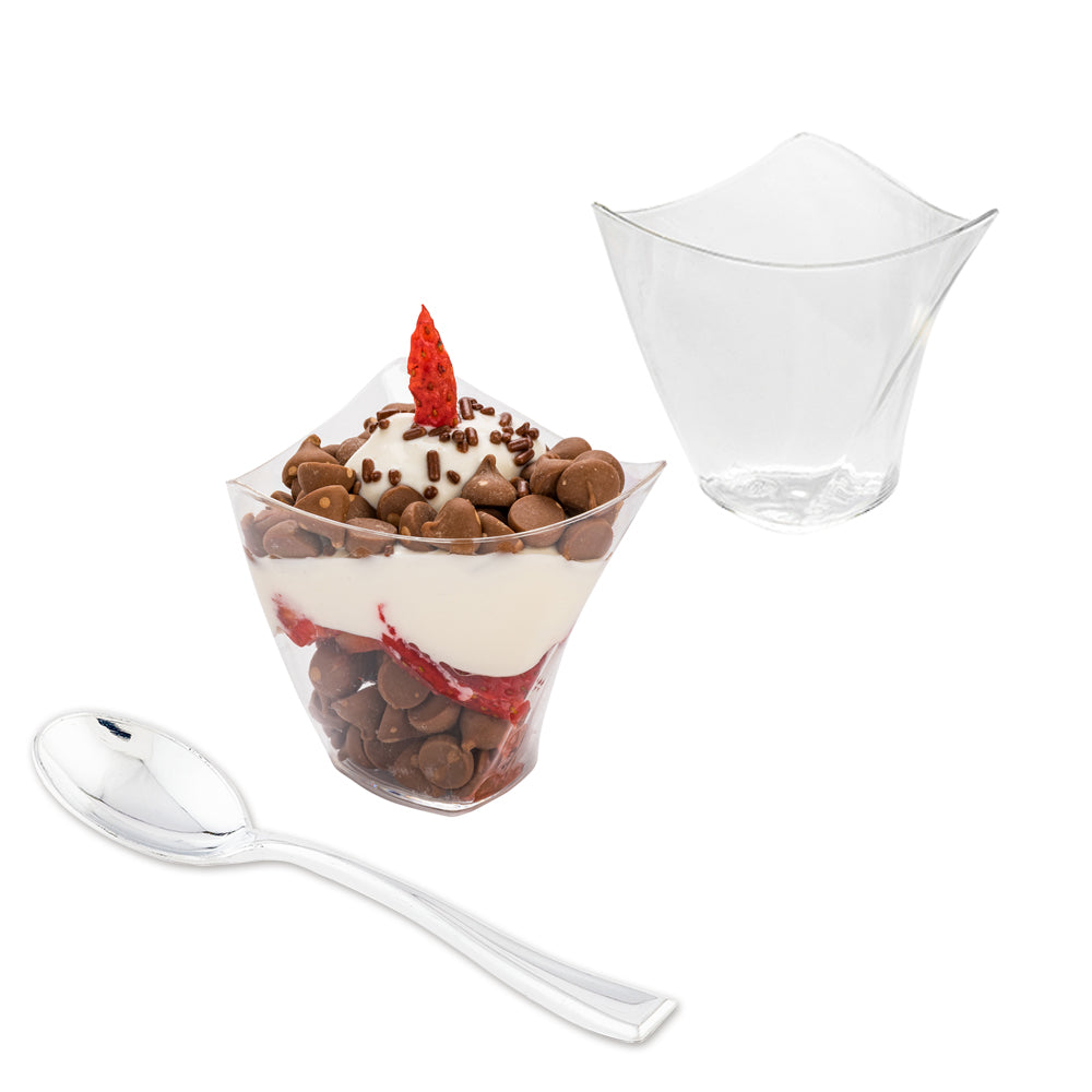 100 Pack 4 oz Clear Plastic Mini Crescendo Cups with 100 Silver Plastic Mini Spoons - Perfect for Parties, Events, and Catering