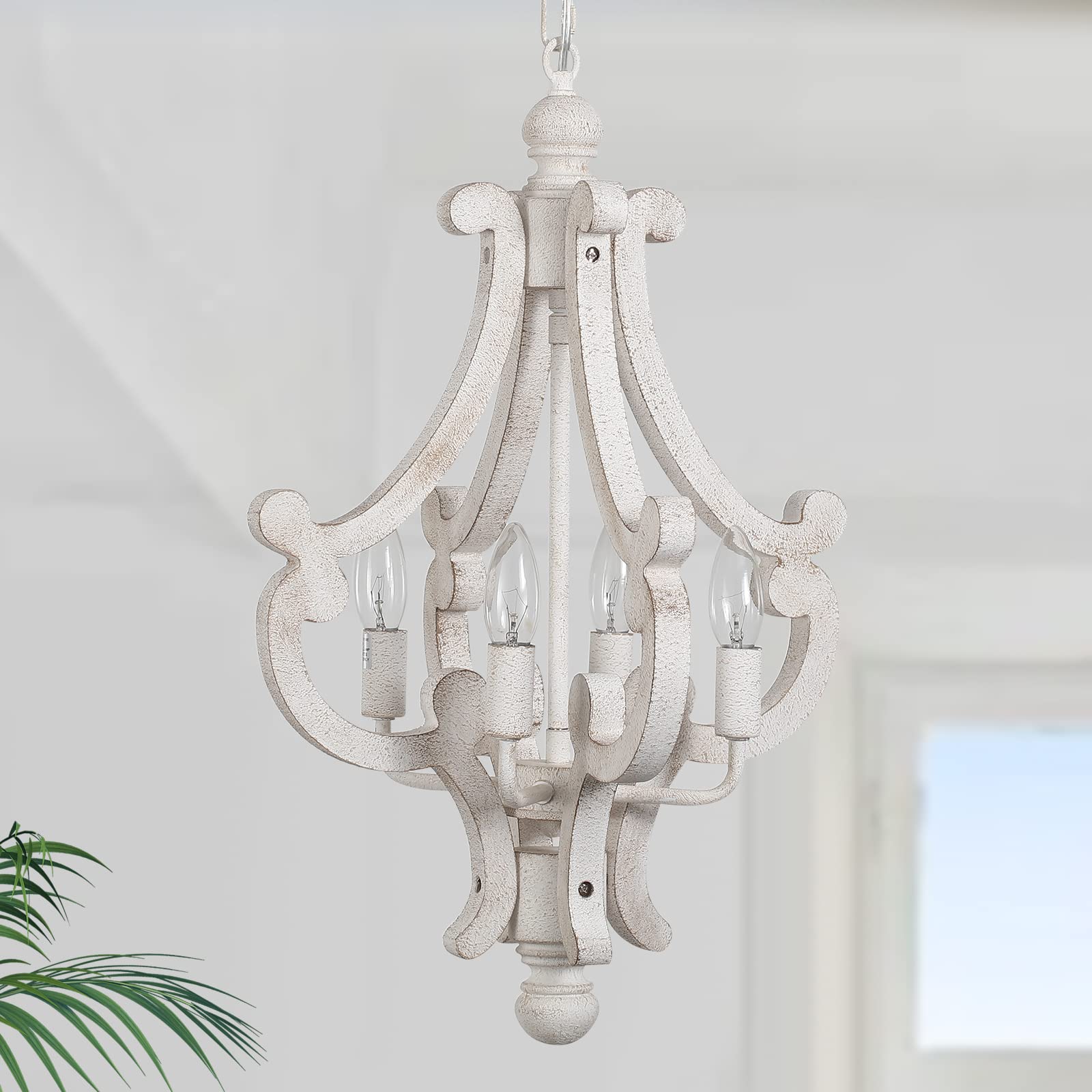 Rustic Farmhouse Wood Chandelier - Distressed White 4-Light Candle Pendant Light for Dining Room, Kitchen Island & Living Room | French Country Ceiling Fixture for Bedroom, Entryway & Foyer Decor