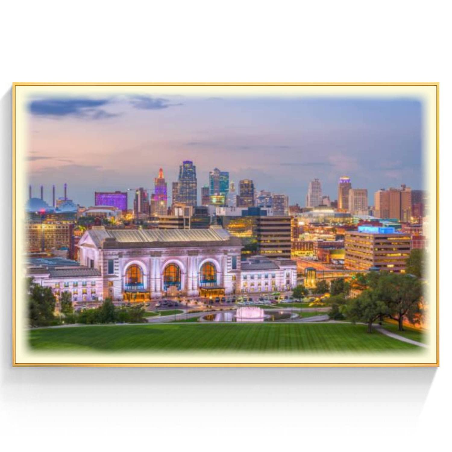 LED Lighted Canvas Wall Art - Kansas City Missouri Skyline Gold Framed Voice Control Painting Poster | Modern Home Decor for Living Room, Bedroom, Office | Perfect Gift for Housewarming & Birthday