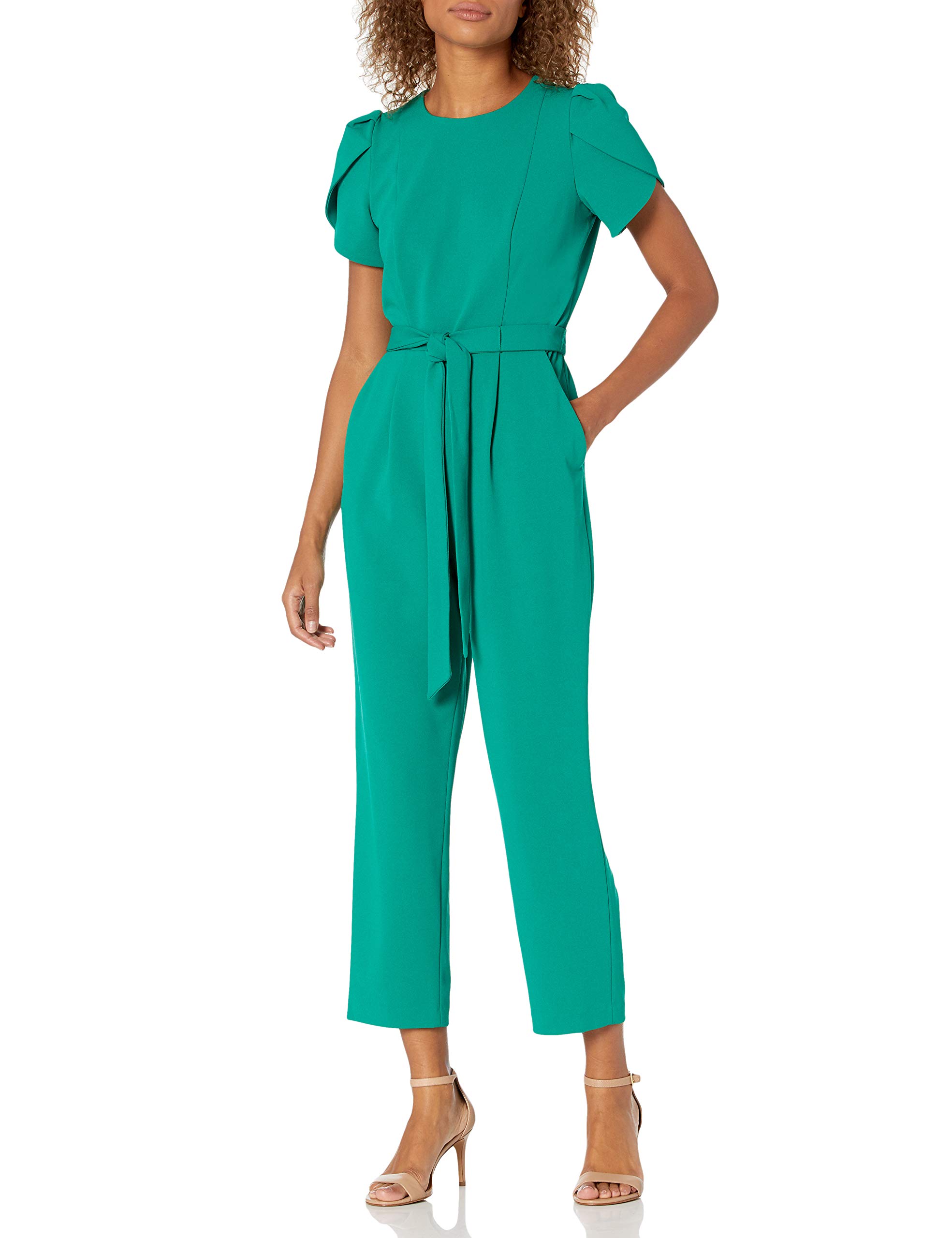 Calvin Klein Women's Cropped Jumpsuit with Tulip Sleeve - Stylish Casual Outfit for Work, Date Night & Summer Fashion