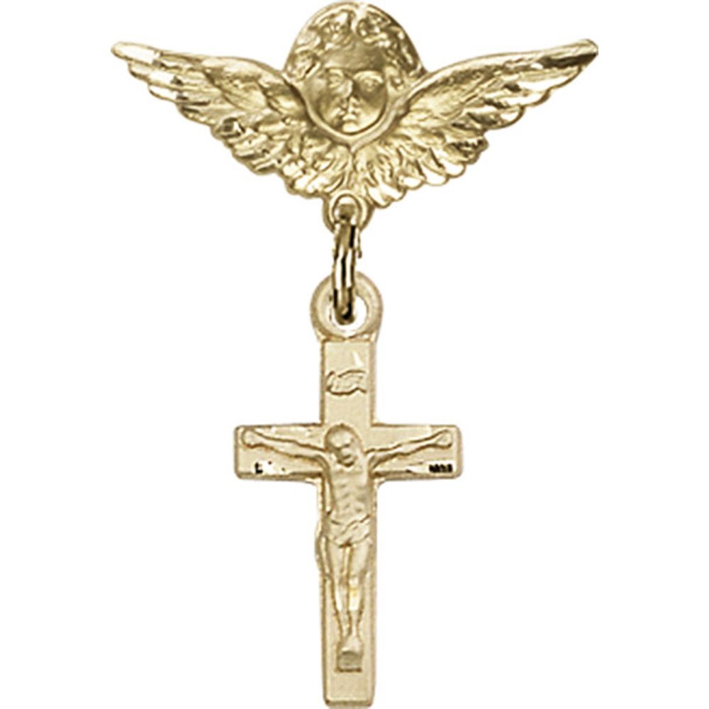 Gold Filled Baby Badge Pin with Crucifix & Angel Wing Charm - 1 x 3/4 Inch - Perfect for Christening Gifts, Baby Showers & Keepsake Jewelry