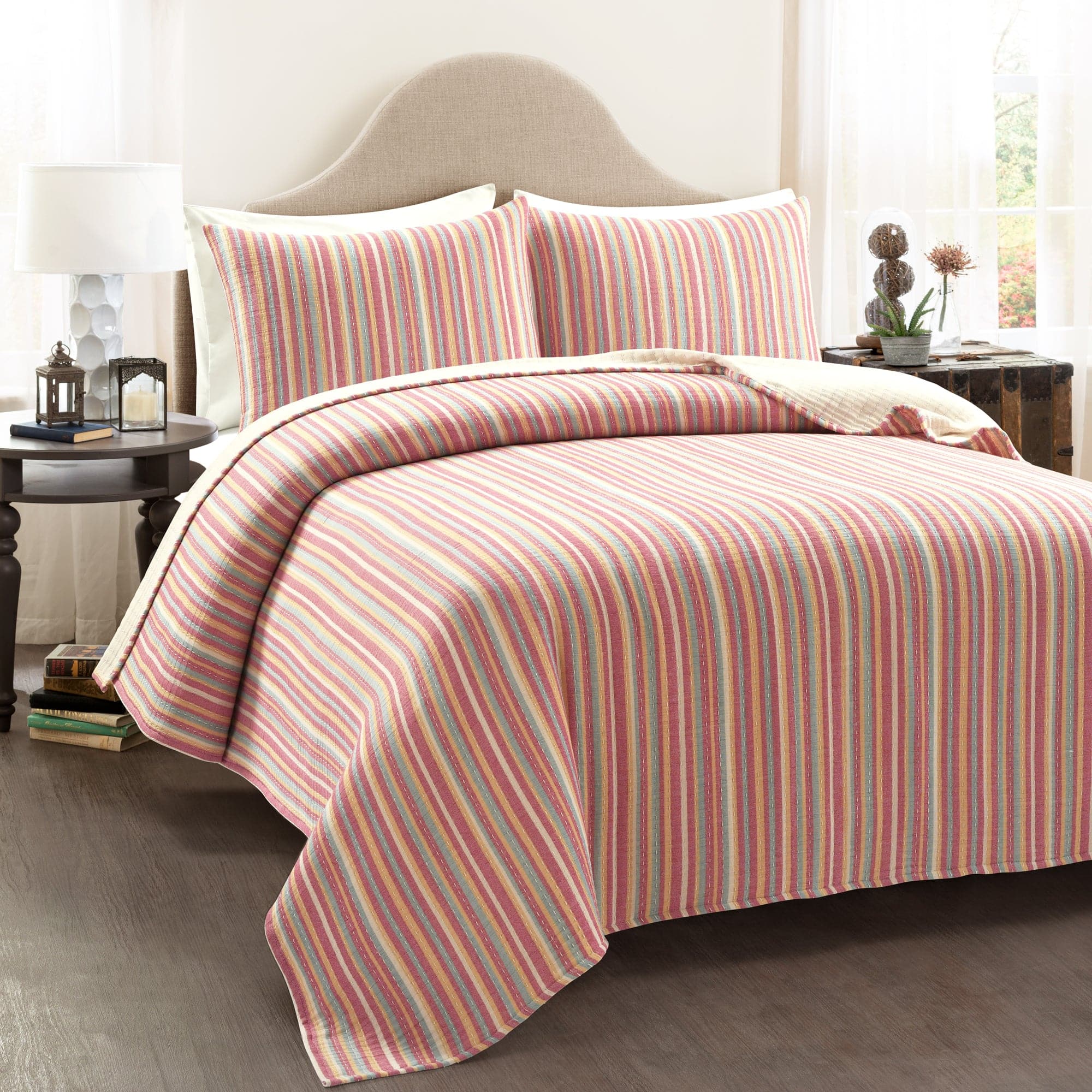 Tracy Stripe Pick Stitch Kantha Yarn-Dyed Cotton Woven Quilt Coverlet Set - Soft Bedspread for Cozy Bedroom Decor, Perfect for Guest Rooms & Boho Chic Home Styling
