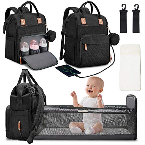 Waterproof Diaper Bag Backpack with Changing Station & Foldable Baby Bed - Large Capacity Travel Baby Bag with USB Port, Stroller Straps & Insulated Pockets - Perfect Gift for New Parents (Black) - Ideal for Day Trips, Air Travel & Family Outings