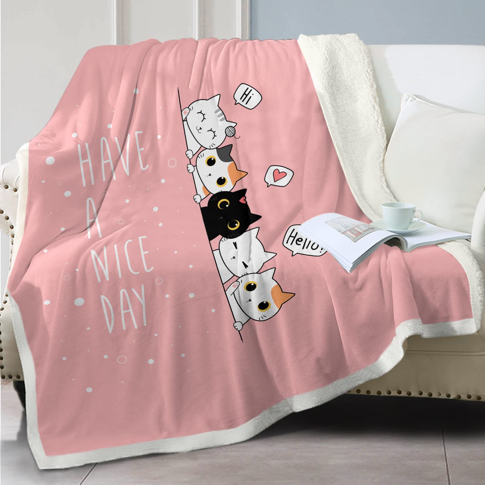 SOULZZZ Cute Cat Pattern Throw Blanket - Super Soft Sherpa Fleece Blanket with Animal Print - Fluffy Plush Lightweight Cozy Blanket for Adults, Kids & Teens - Perfect for Sofa, Bed, Couch & Gift for Cat Lovers