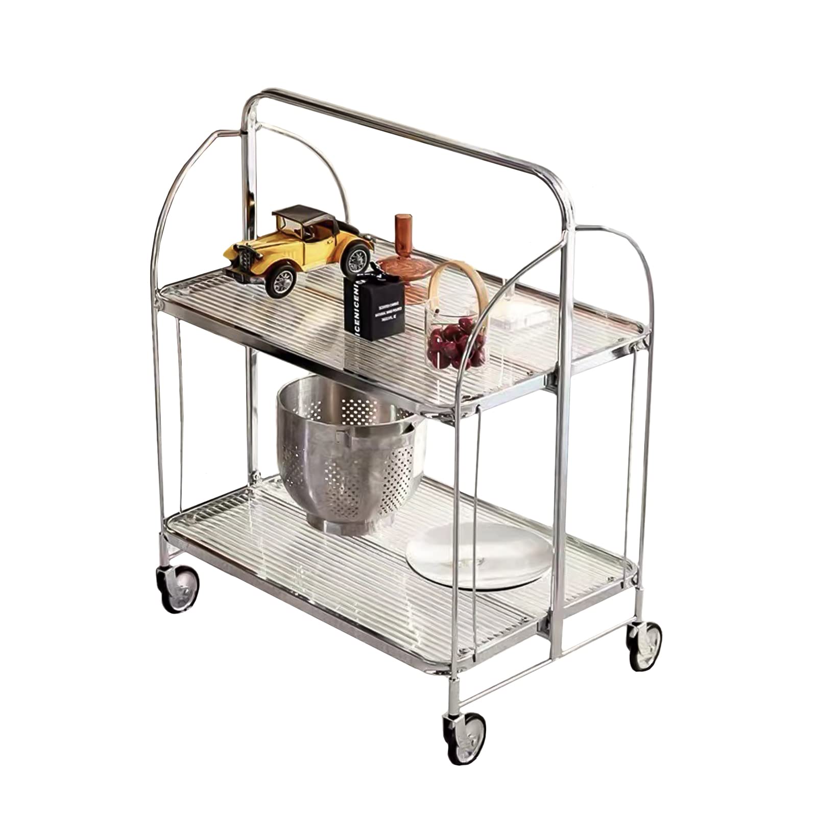 2-Tier Foldable Rolling Kitchen Cart with Glass Shelves & Wheels - Mobile Serving Cart Storage Rack for Home, Hotel, Restaurant, Bar - Perfect for Food Service, Beverage Display & Party Hosting