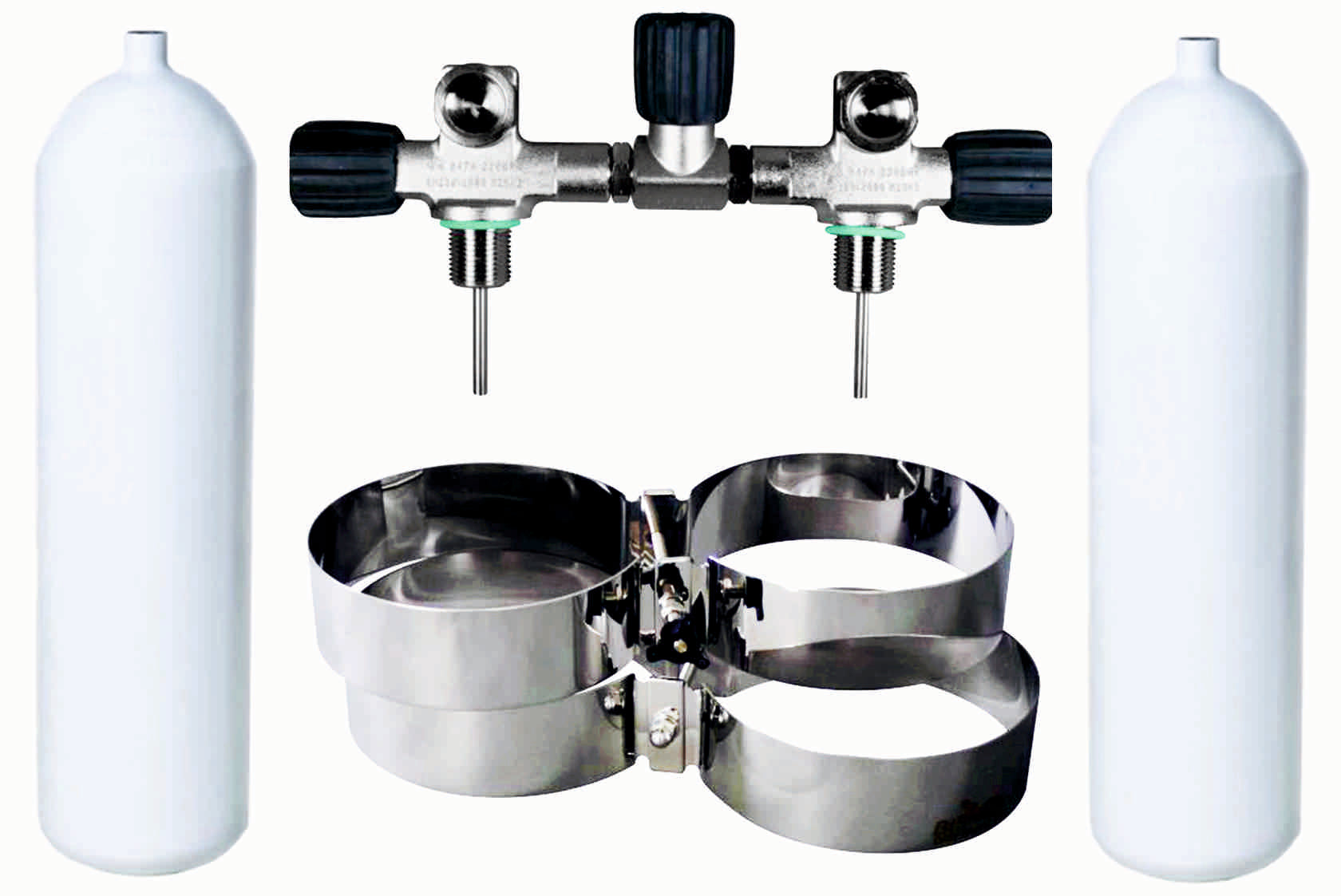 BTS 20 Liter 230 Bar DIN Steel Scuba Diving Cylinder Twin Set with Isolation Manifold & Bands - S16116661 | Professional Dive Gear for Underwater Exploration & Technical Diving