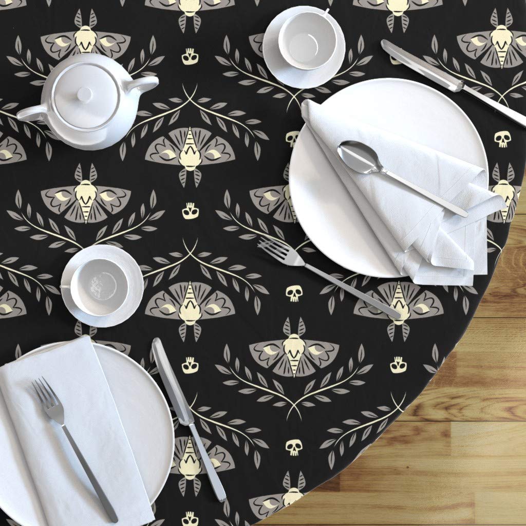 Spooky Moth Damask Black Skull Halloween Cotton Sateen Tablecloth - 90