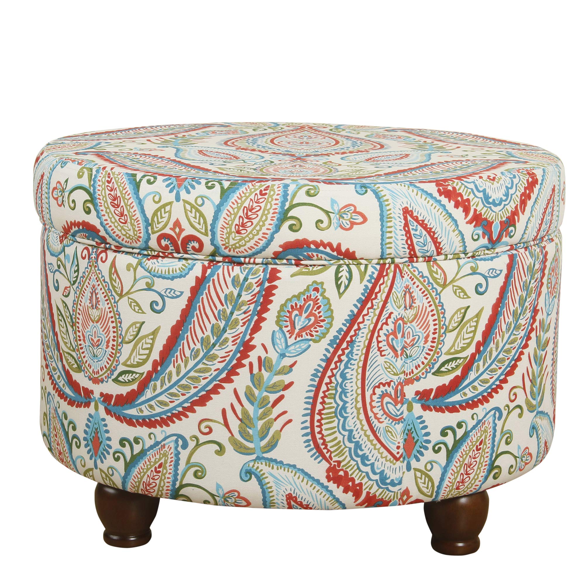 Homepop Round Storage Ottoman with Upholstered Seat - Large Paisley Pattern Storage Footrest for Living Room & Bedroom | Perfect for Extra Seating, Blanket Storage, and Home Decor