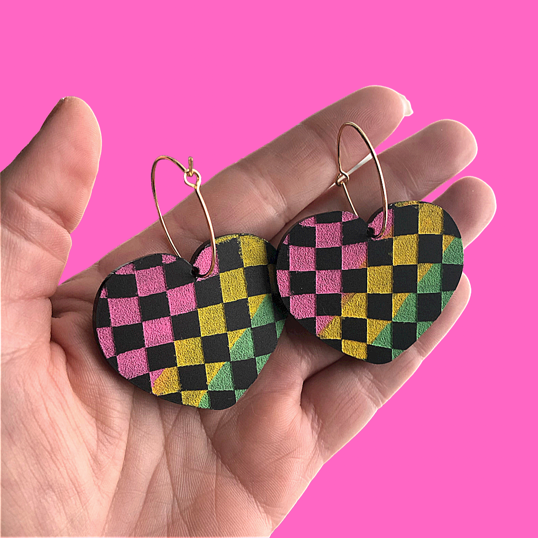 Rainbow Heart Checkered Punk Ska Dangle Hoop Earrings for Women - Trendy Gothic Grunge Jewelry for Concerts, Rave & Alternative Fashion