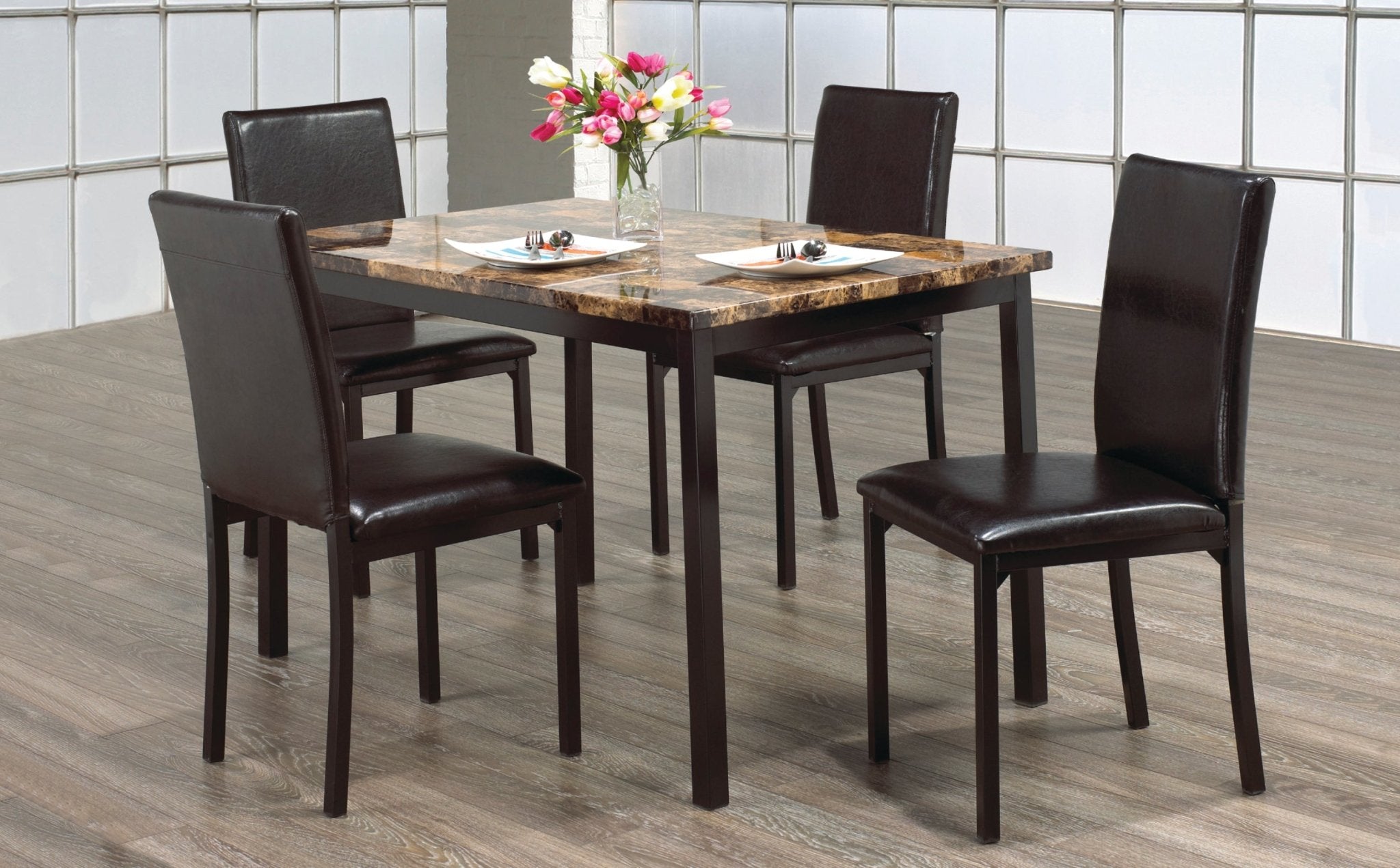 Elegant Black Metal Dining Set with Light Brown Marble Table Top - Modern 5-Piece Kitchen Table & Chairs for Small Spaces, Perfect for Breakfast Nook, Apartment, or Cozy Dining Room