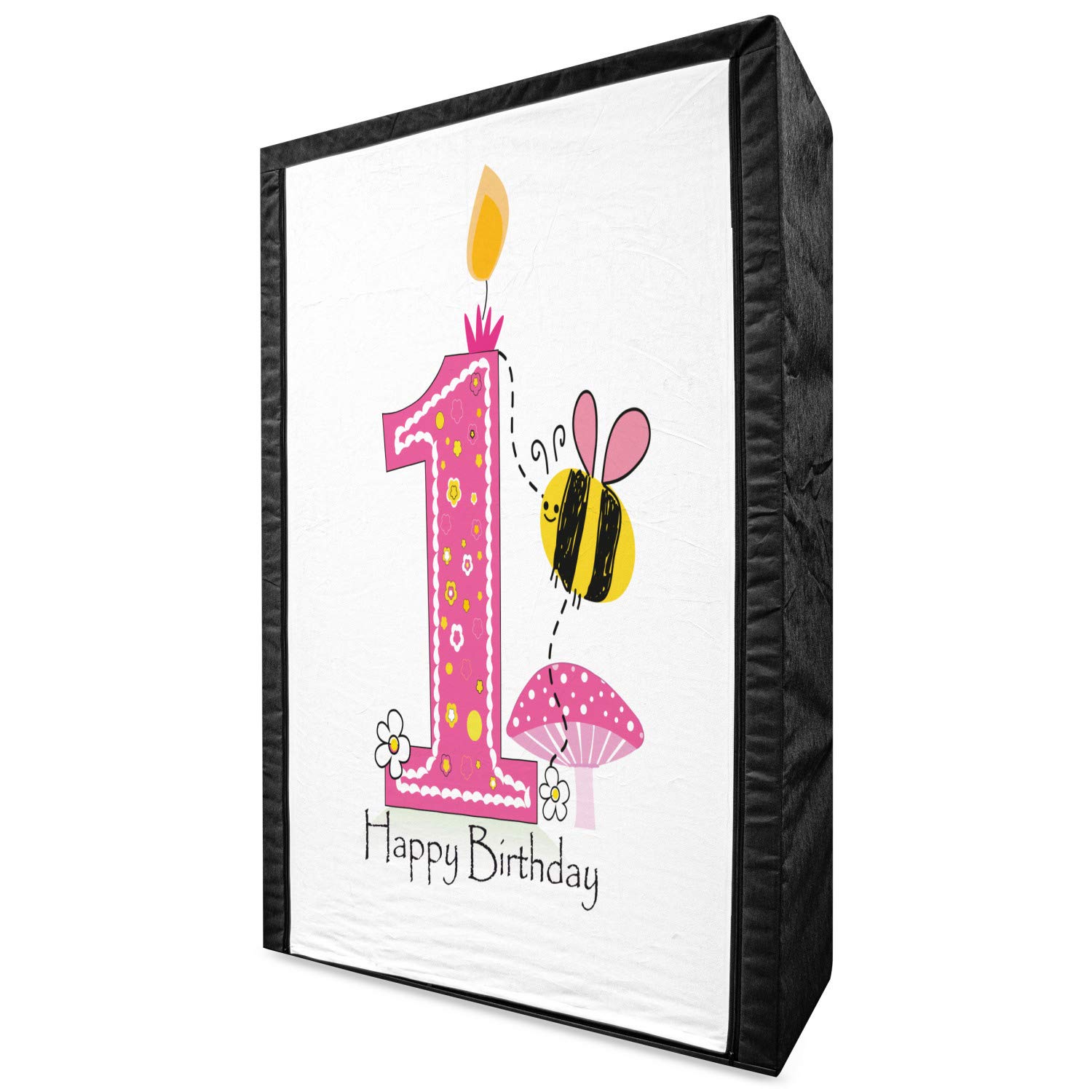 Ambesonne 1st Birthday Portable Fabric Wardrobe - Cartoon Style Bees Party Cake & Candle Print Clothing Organizer with Shelves (42.5 Inch, Pink Black Yellow) - Perfect for Kids Room, Nursery Storage & Birthday Party Decorations