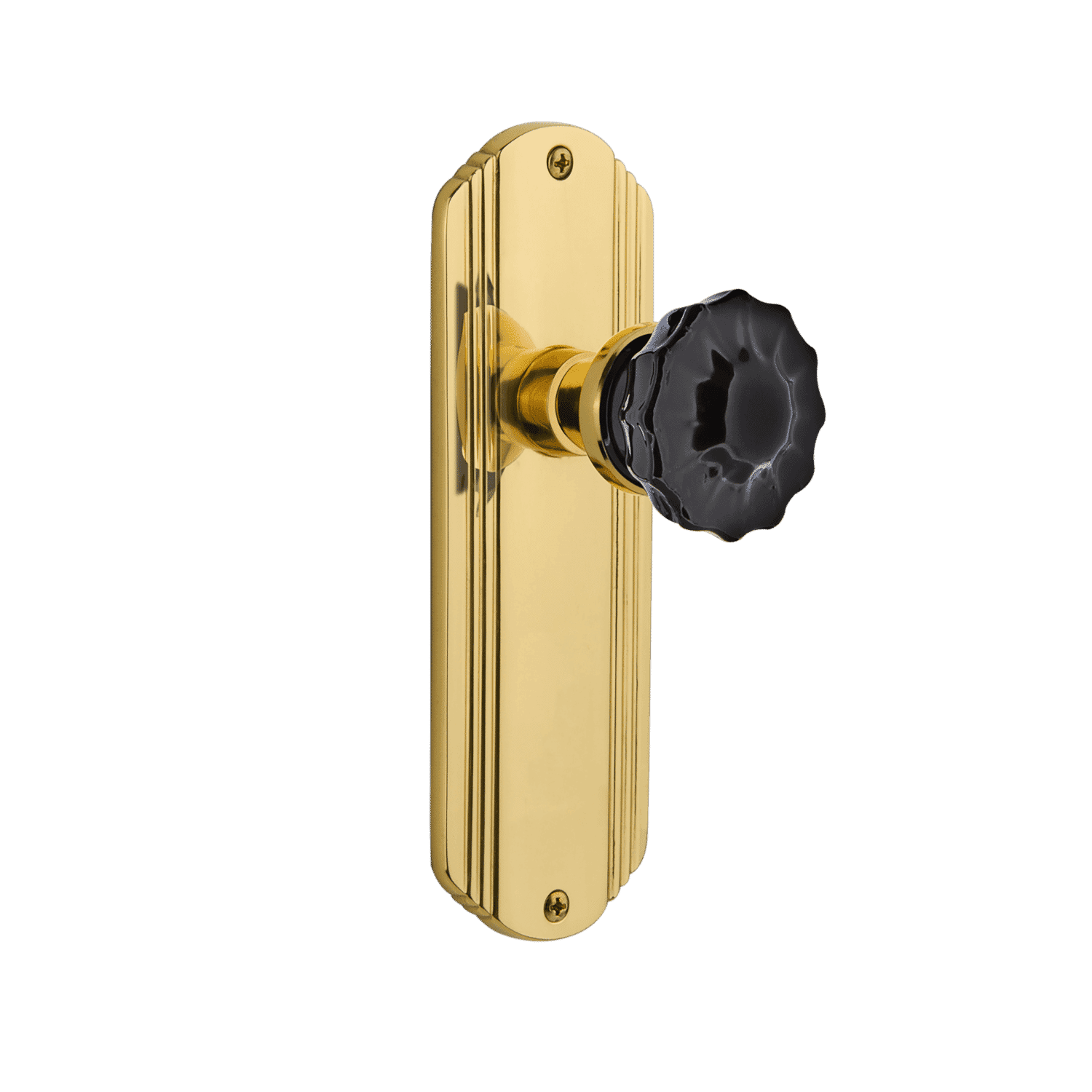 Elegant Deco Long Plate with Black Crystal Knob in Polished Brass - Perfect for Cabinet Drawers, Wardrobes & Vintage Furniture Hardware Upgrade