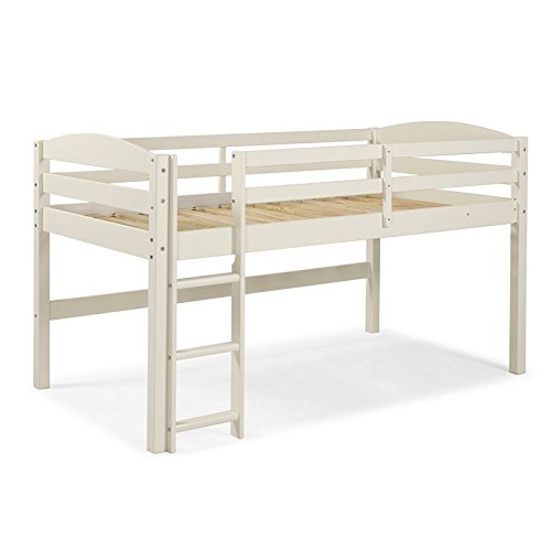 Pemberly Row Solid Wood Kids Junior Low Loft Twin Bunk Bed with Underneath Play Space & Storage Area - Off White | Space-Saving Bedroom Solution for Small Rooms, Kids' Shared Bedroom or Playroom