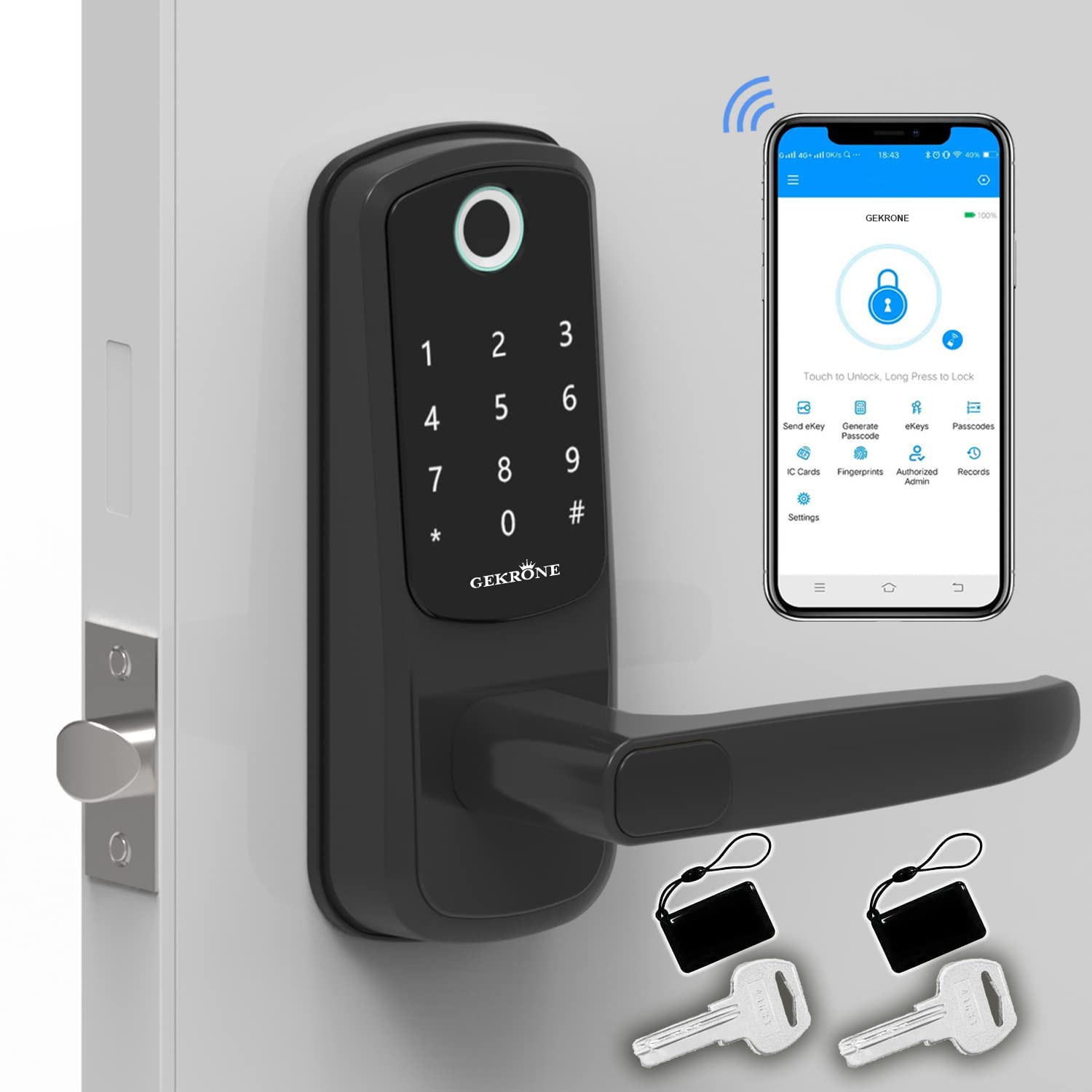 GEKRONE Smart Lock with Touchscreen - Bluetooth Electronic Deadbolt Door Lock | Fingerprint, App, Fobs, Passcode & Key Entry | Alexa Compatible | Keyless Entry Keypad with Handle GK-B07 | Ideal for Home Security & Smart Home Automation
