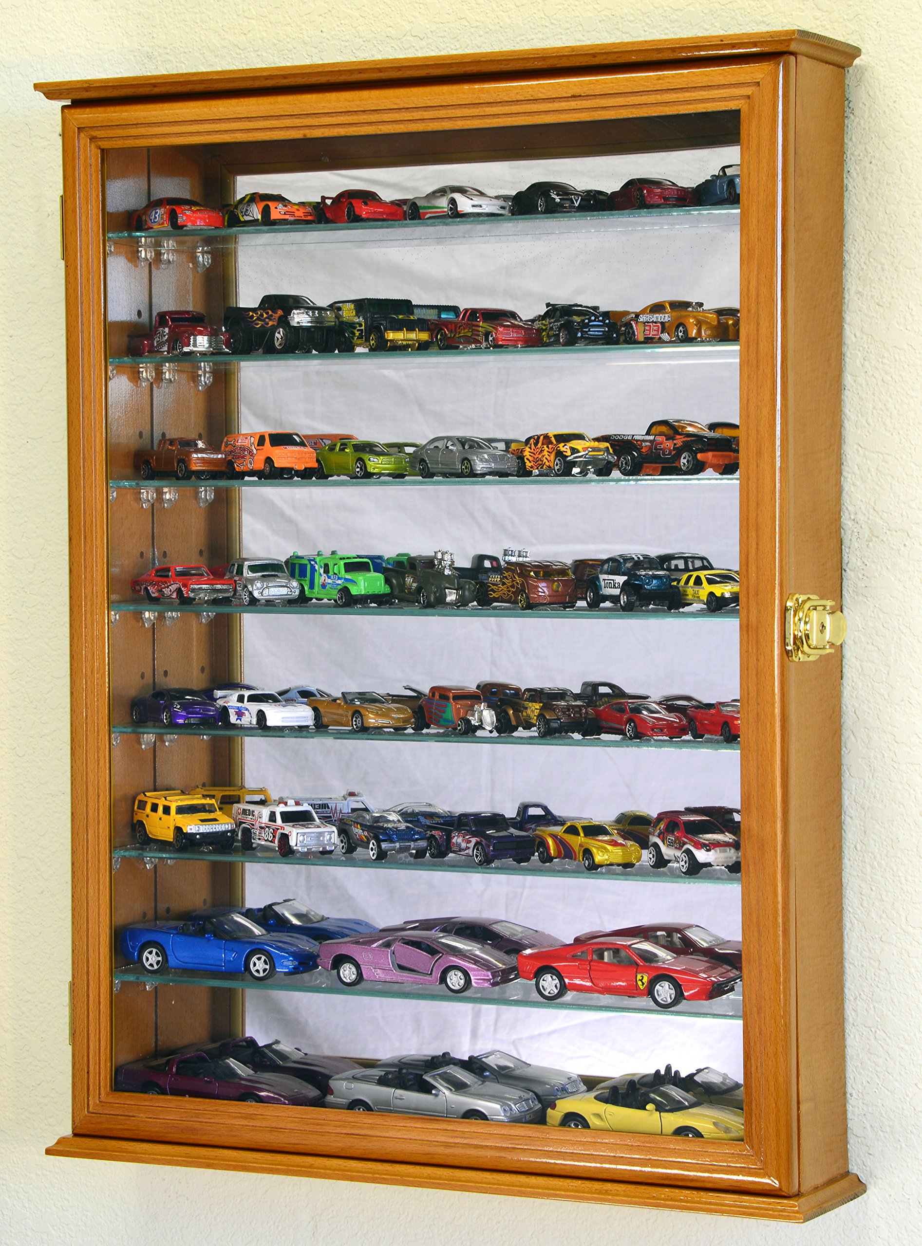 7-Tier Adjustable Shelves Mirrored Display Case for Hot Wheels, Matchbox & Diecast Cars - 1/64 & 1/43 Scale Model Showcase Cabinet in Oak Finish | Perfect for Collectors, Home Decor & Toy Storage