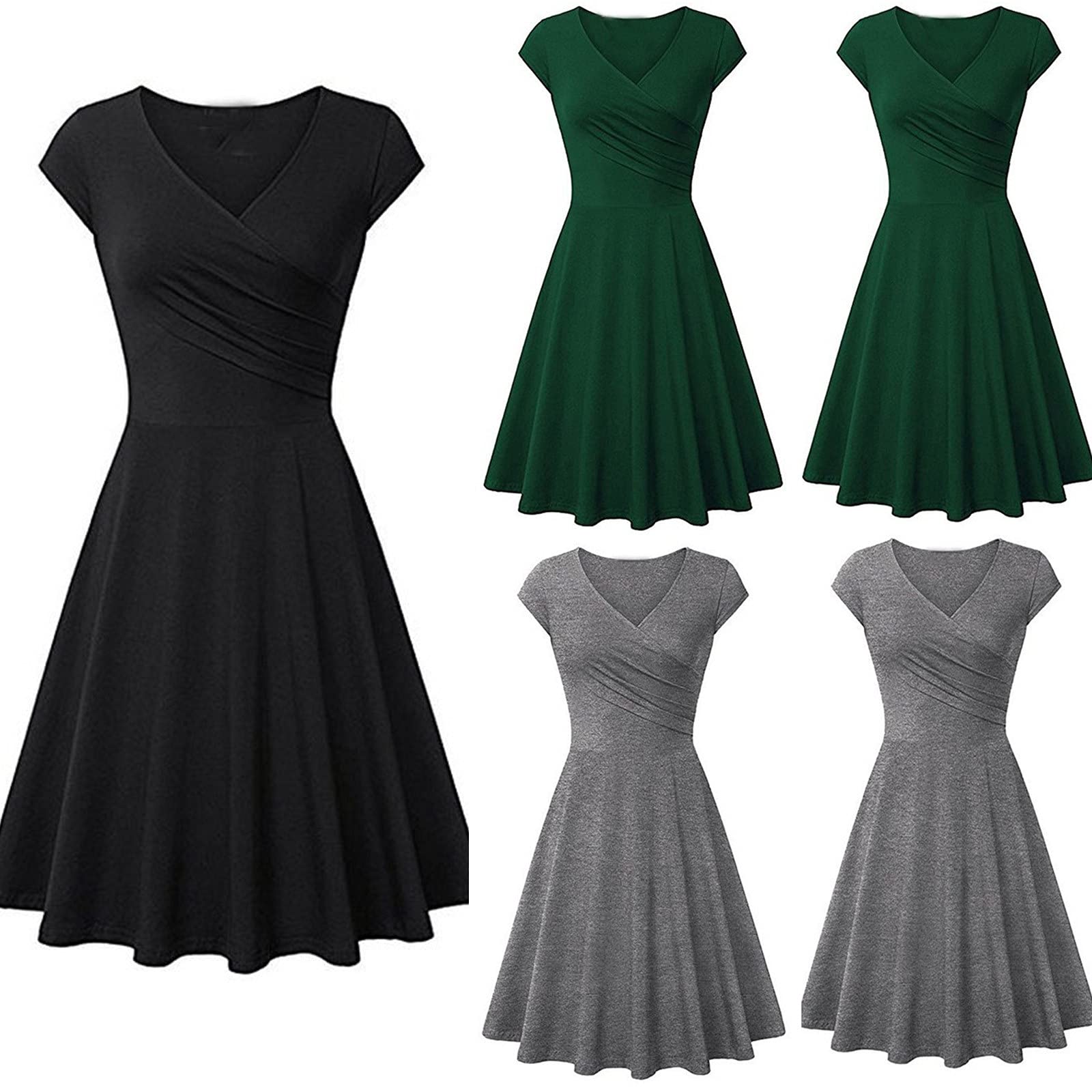 Elegant Women's Summer Cocktail A-Line Dress with V-Neck & Pockets - Short Sleeve Pleated Formal Dress for Wedding Guest, Party & Office Wear