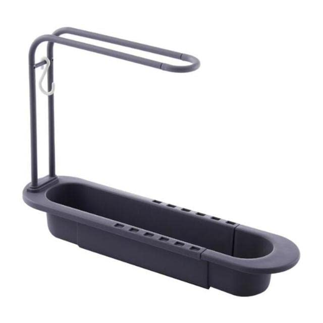 Expandable Kitchen Sink Shelf Organizer - Adjustable Drainer Rack with Soap Sponge Holder & Towel Bar - Space Saving Grey Storage Basket for Dishes, Utensils & Cleaning Supplies - Perfect for Small Kitchens & Apartments