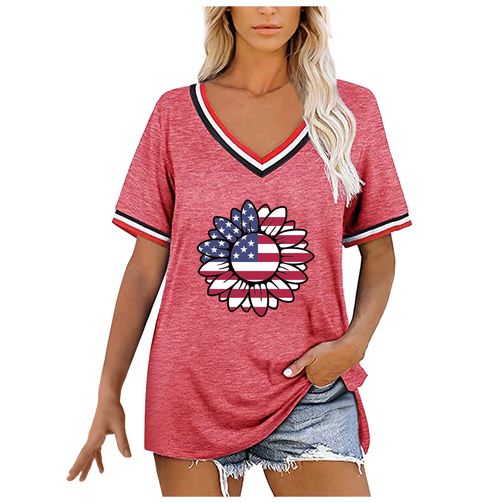 Women's Casual Loose Fit American Flag Print V-Neck Short Sleeve T-Shirt - Oversized Graphic Tee for Women - Perfect for 4th of July, Patriotic Events & Everyday Wear