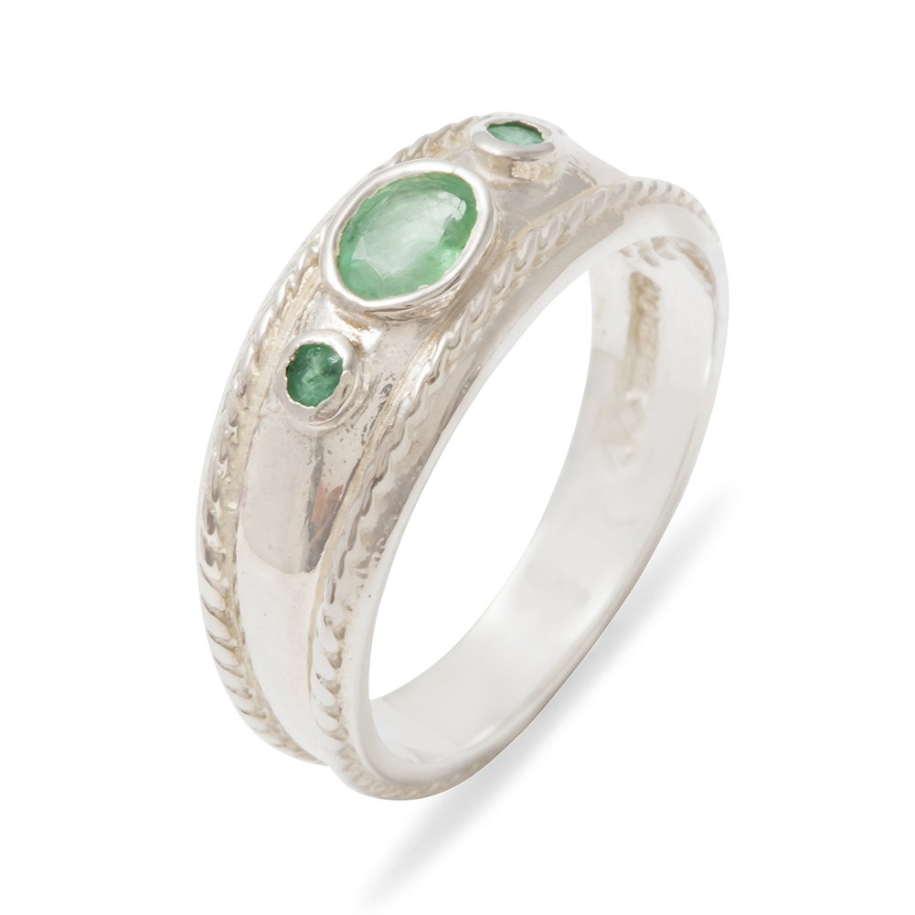 14K White Gold Genuine Natural Emerald Women's Trilogy Ring - Size 4-12 | Elegant Birthstone Jewelry for Anniversary, Engagement & Special Occasion Gifts