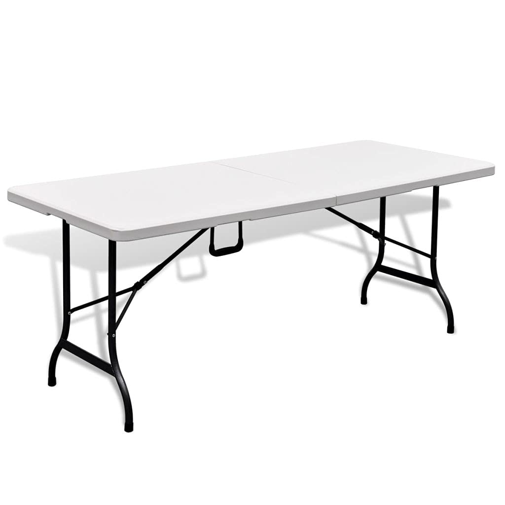 71 Inch Folding Table - White Outdoor Patio Dining & Camping Table for 4-6 People, Half-Fold Design with Carrying Handle, Lightweight Portable Plastic Top & Sturdy Steel Frame - Perfect for Backyard BBQs, Picnics, and Tailgating Parties
