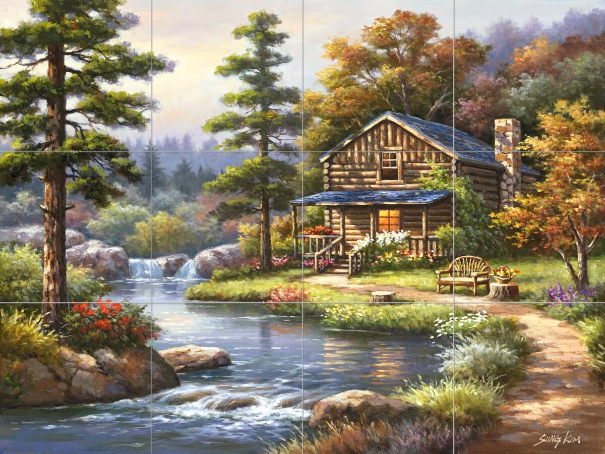Ceramic Backsplash Tile Mural - Woodland Landscape & Mountain Creek Cabin Design - Waterproof Peel & Stick Tiles for Kitchen, Bathroom, Living Room - Perfect for Rustic Cabin, Farmhouse, or Nature-Themed Home Decor