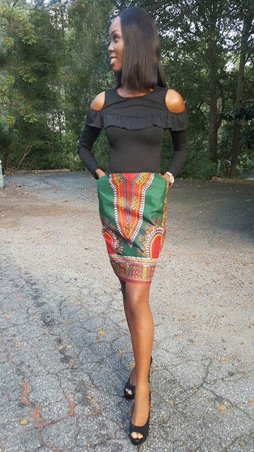 Stylish Green Dashiki Print Pencil Skirt DP3378S - African Inspired Fashion for Women, Office Wear & Cultural Events