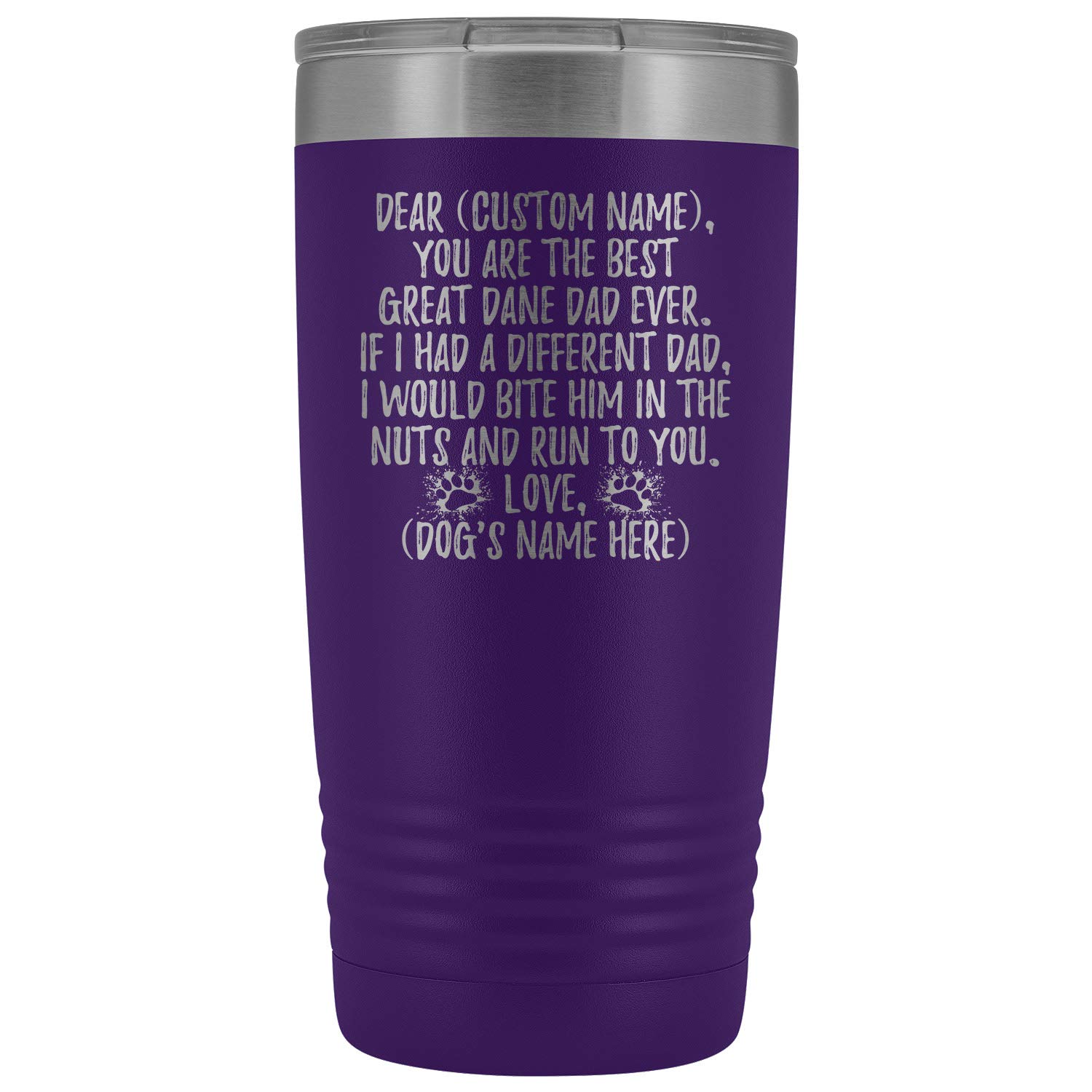 Personalized Great Dane Dog Dad Tumbler - 20oz Insulated Stainless Steel Cup for Dog Lovers - Custom German Mastiff Owner Gift - Purple Travel Mug for Coffee & Tea - Perfect for Fathers Day, Birthday & Dog Show Events