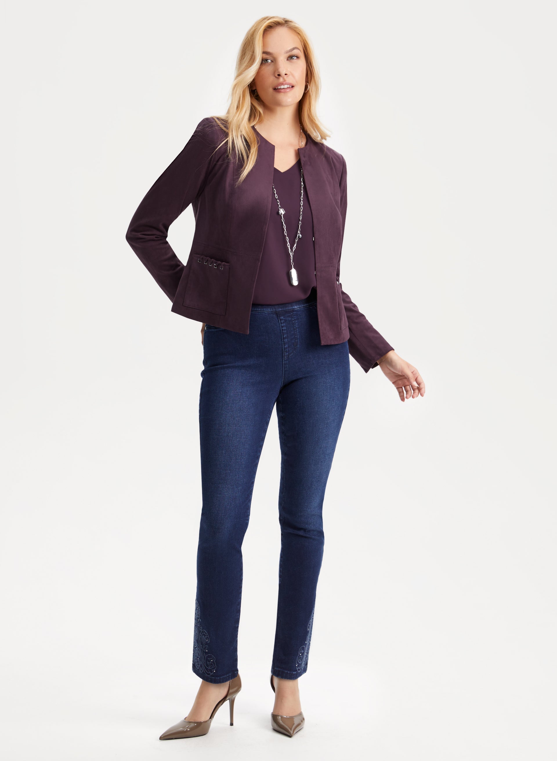 Stylish Faux Suede Jacket with Embroidered Denim Jeans Set - Trendy Women's Outfit for Casual Wear & Night Out