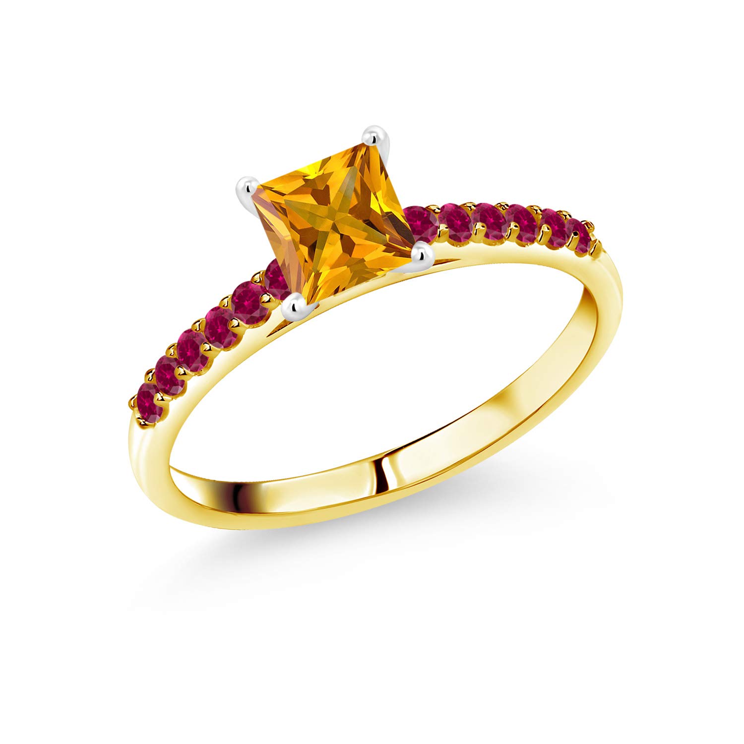 0.78 Ct Natural Yellow Citrine & Created Ruby 10K Yellow Gold Ring with White Gold Prongs - Elegant Birthstone Jewelry for Women, Perfect Gift for Anniversary, Birthday & Special Occasions