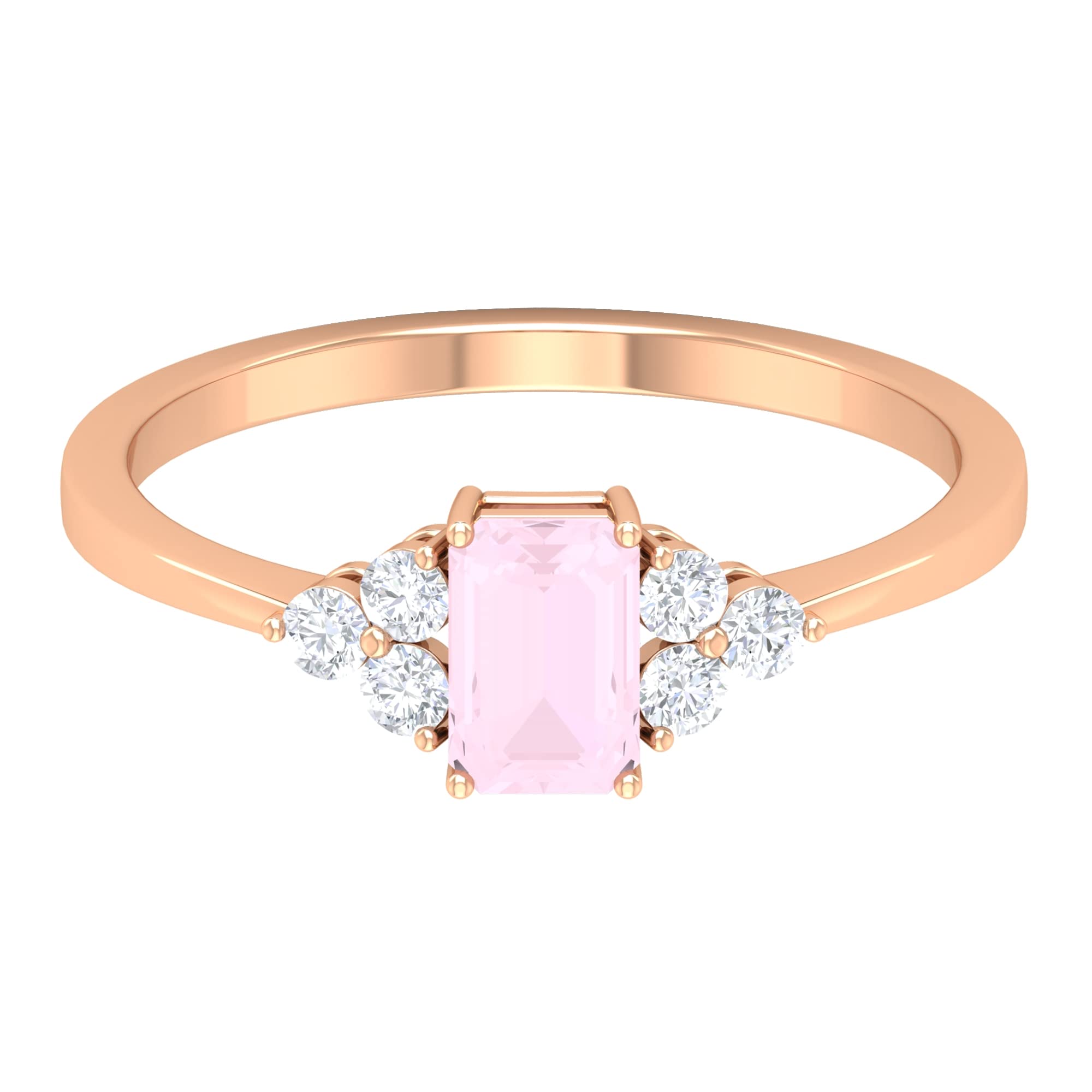 14K Solid Gold Octagon Cut Rose Quartz Solitaire Ring with Diamond Trio - January Birthstone Jewelry for Women, Elegant Gift for Valentine's Day, Anniversary & Special Occasions