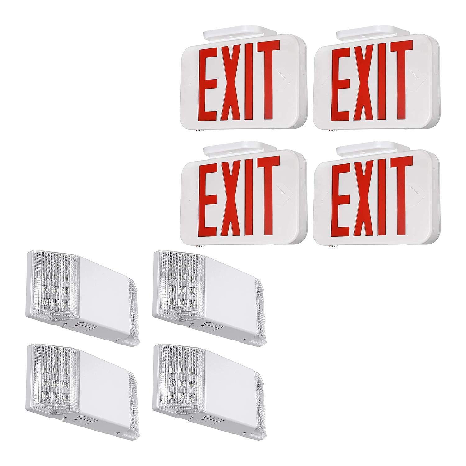 TORCHSTAR 4-Pack UL Listed LED Emergency Light Bundle - Square LED Emergency Light & Red Exit Sign for Commercial Buildings, Warehouses, Schools - Dual Head & Single/Double Face Design for Safety Compliance