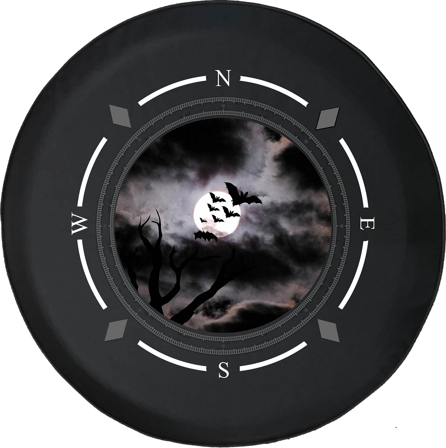 American Unlimited Spare Tire Cover with Compass & Bats Design - Full Moon Night Sky Wheel Cover for SUV, Trailer, RV Accessories | Durable & Weatherproof for Off-Road Adventures & Camping Trips