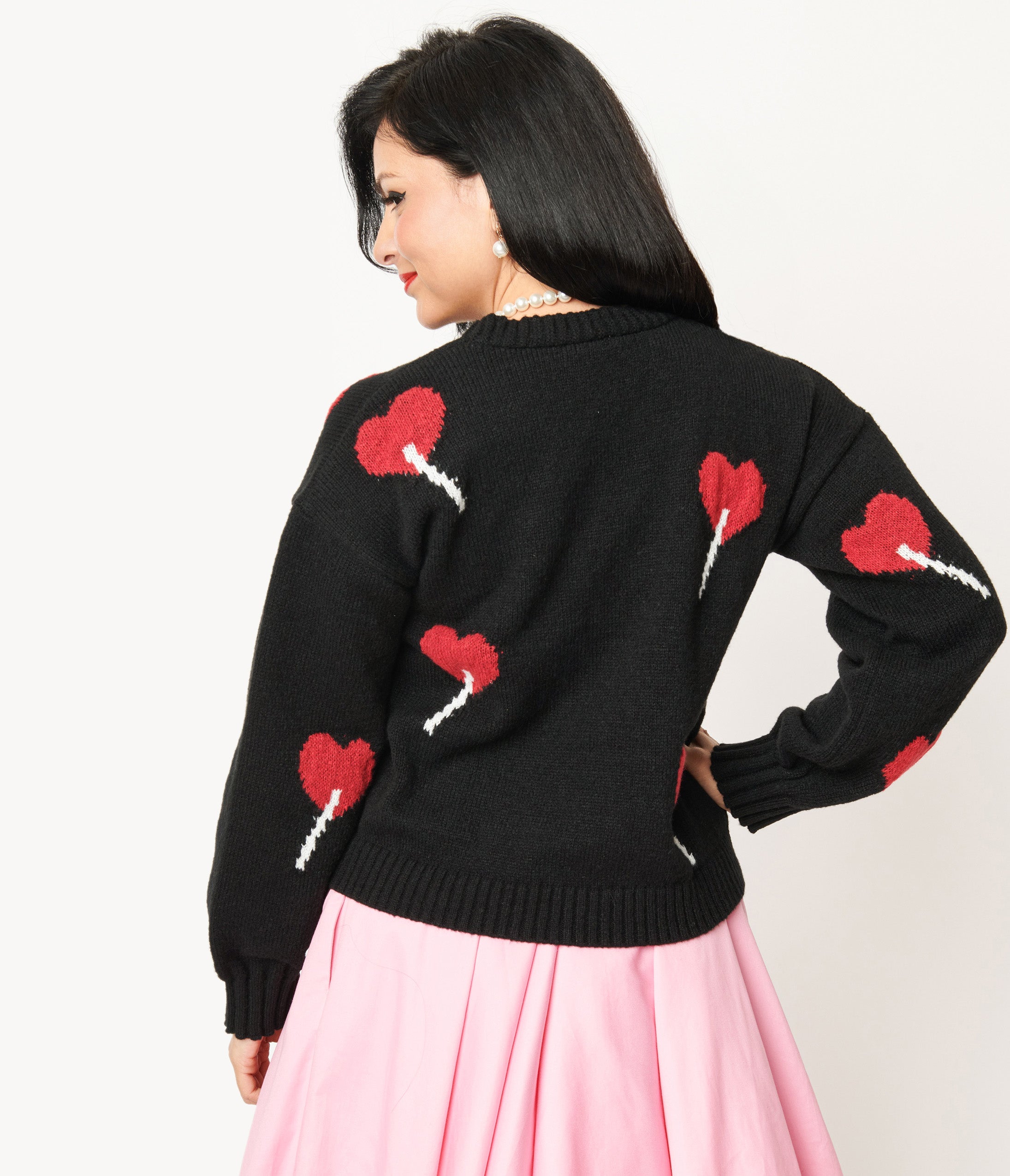 Magnolia Place Black Heart Lollipop Open Cardigan - Women's Stylish Lace-Up Knit Sweater for Casual Wear & Date Night Outfits