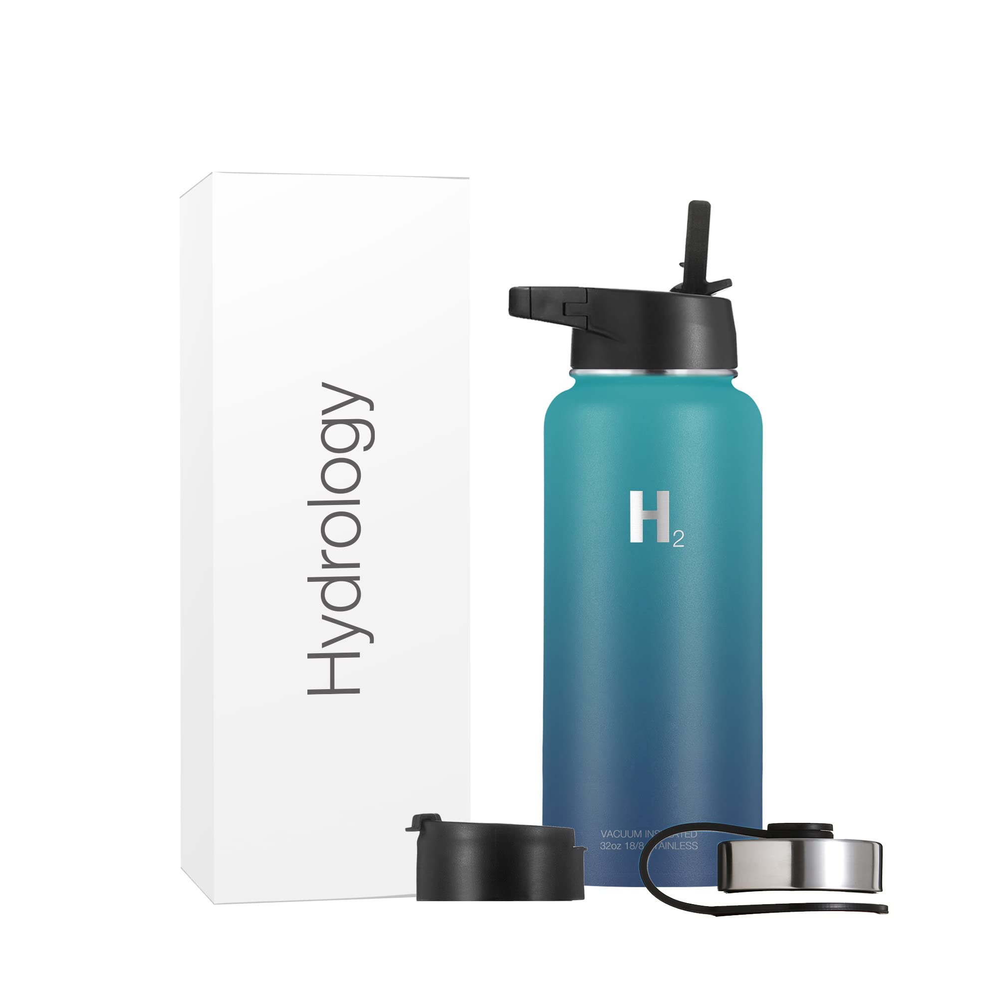 H2 Hydrology Stainless Steel Insulated Water Bottle - 32 oz Large Vacuum Double Wall Metal Water Bottle with Straw & 3 Lids - Perfect for Sports, Gym, Hiking & Outdoor Activities