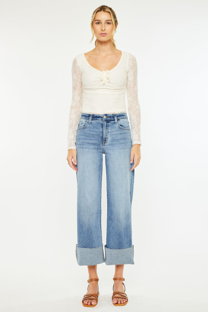 Leslie Essentials High Rise Crop Wide Leg Jeans for Women - Comfortable Stretch Denim Pants for Casual Wear, Street Style & Everyday Outfits