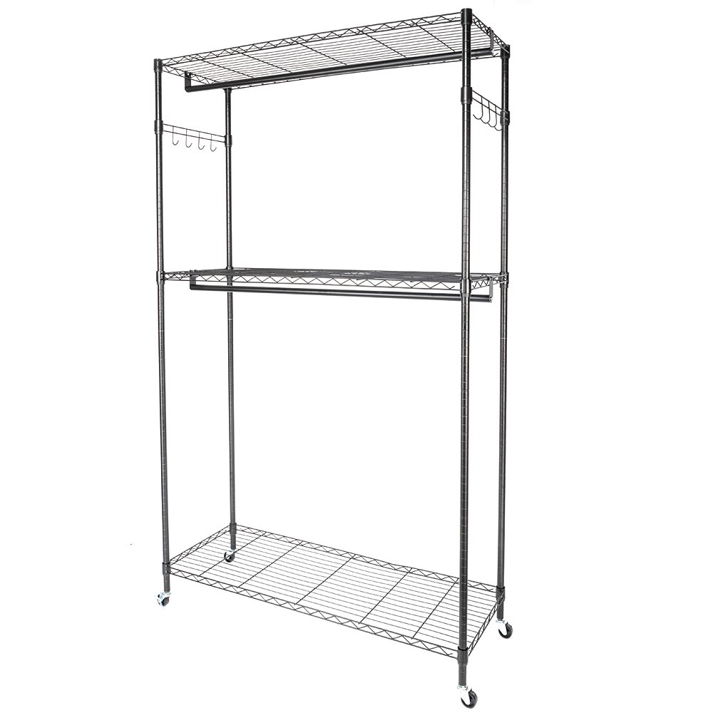 Knocbel Heavy Duty Rolling Garment Rack - Adjustable Hanging Rod & Lockable Wheels, 2-Shelf Closet Organizer (47x18x79 inches, Black) - Perfect for Retail Stores, Boutiques & Home Closet Organization